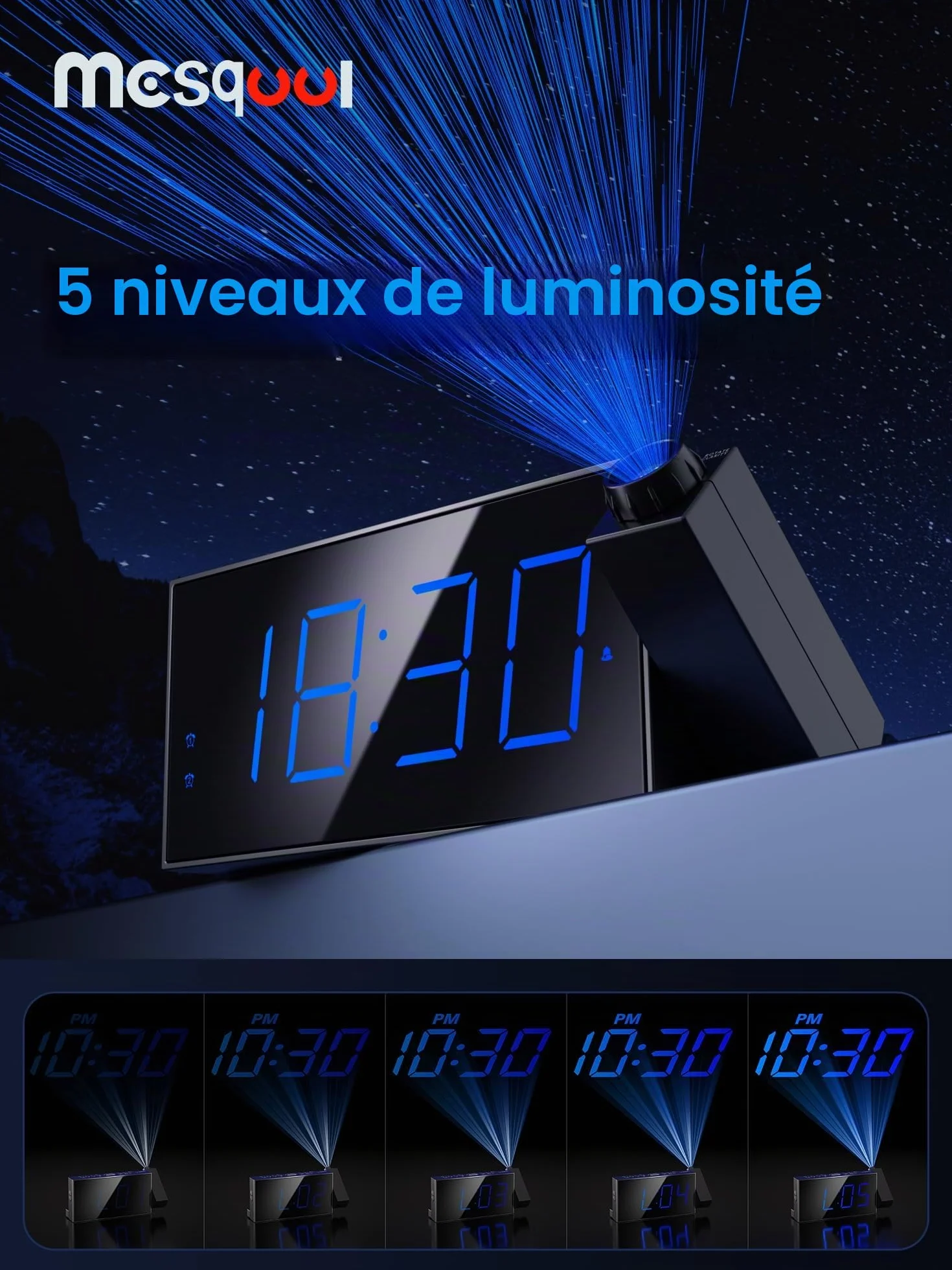Reveil Projecteur Enfants LED 180° 7" Plafond Snooze Luminosité Réglable 12/24H
