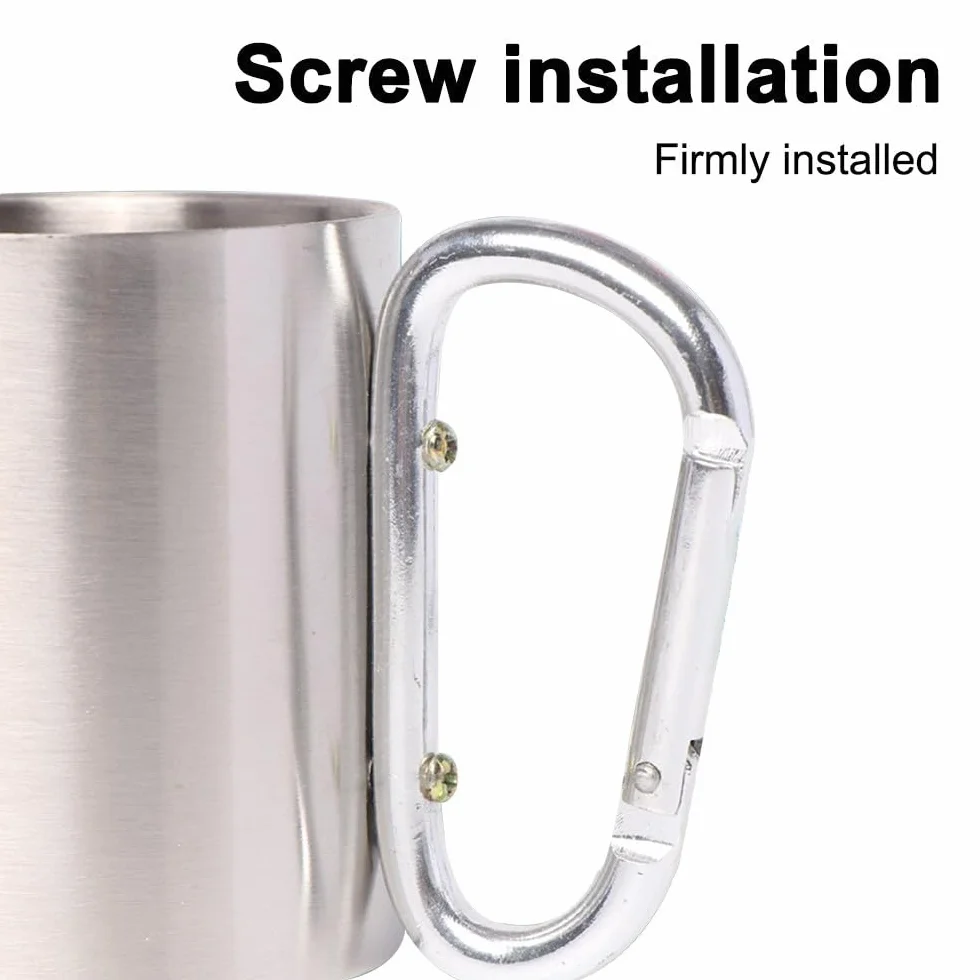 MiOYOOW Tasse à mousqueton en acier inoxydable, tasse de camping à double paroi, tasse portable en métal avec poignée à mousqueton pour camping, voyage en plein air, 300 ml