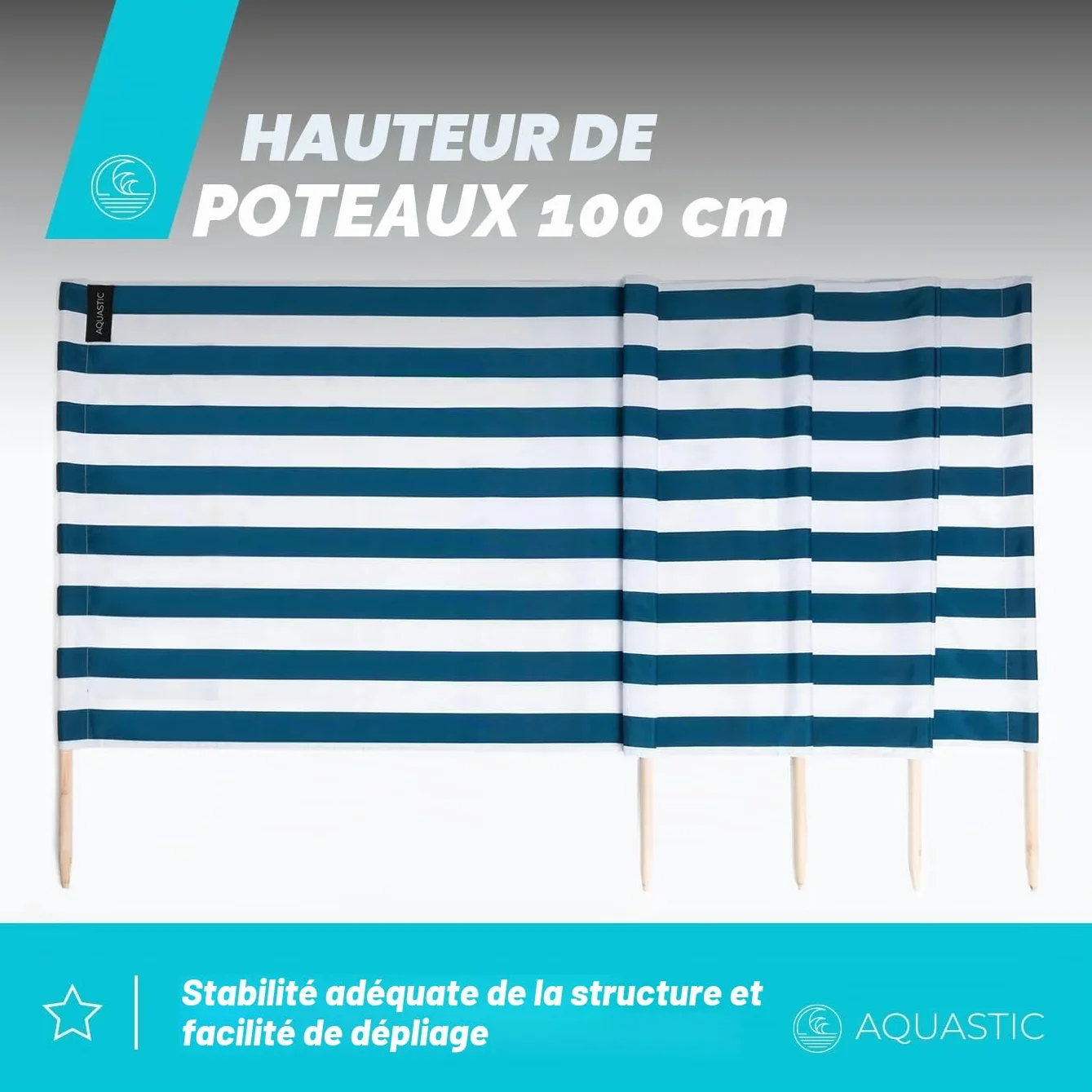 AQUASTIC Pare-Vent de Plage 4 m - Polyester avec piquets en Bois d'eucalyptus - 80 x 400 cm - Pliable avec Sac de Transport - pour la Plage et Le Camping