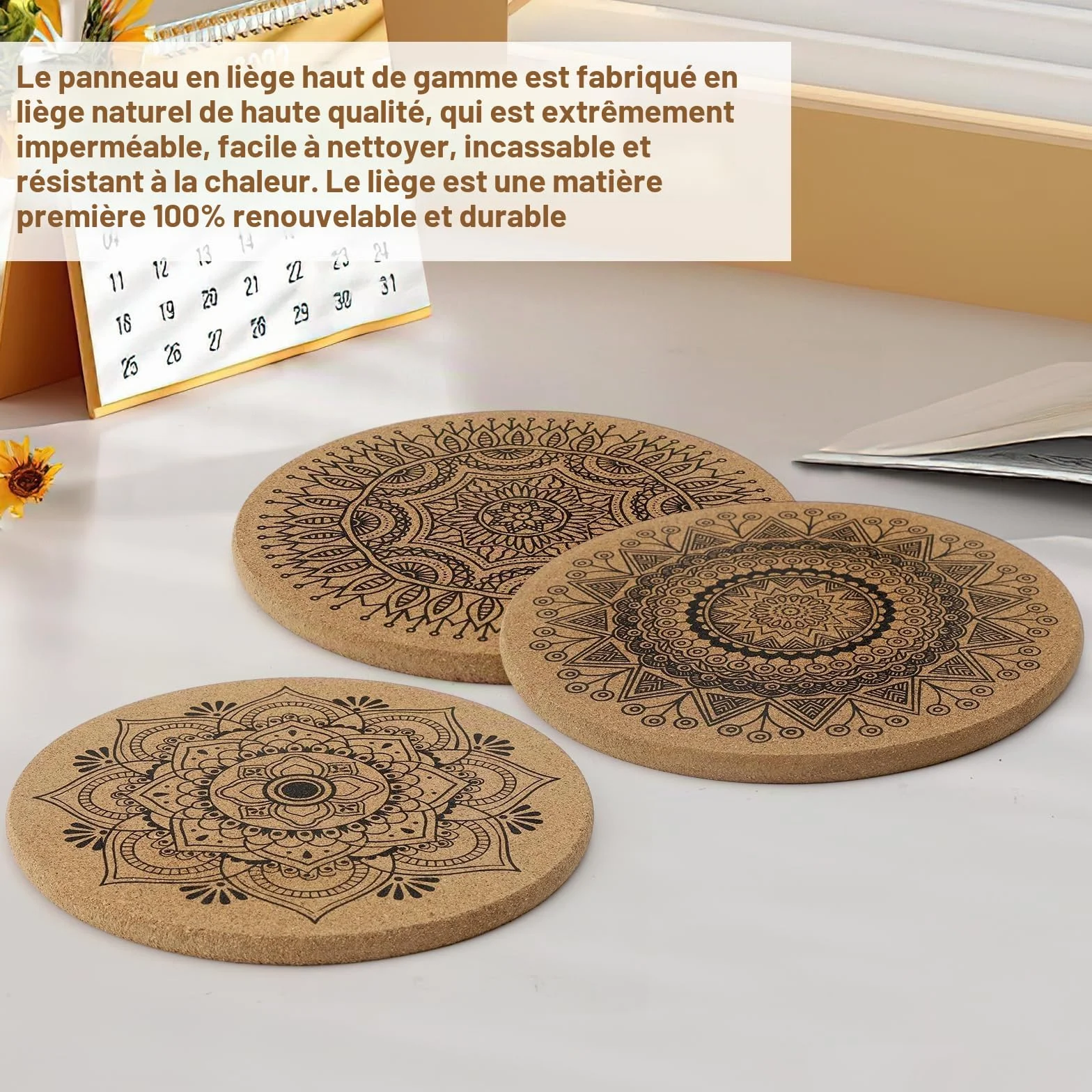 Lot de 2 dessous de plat en liège motifs 19 cm résistants à la chaleur pour casseroles