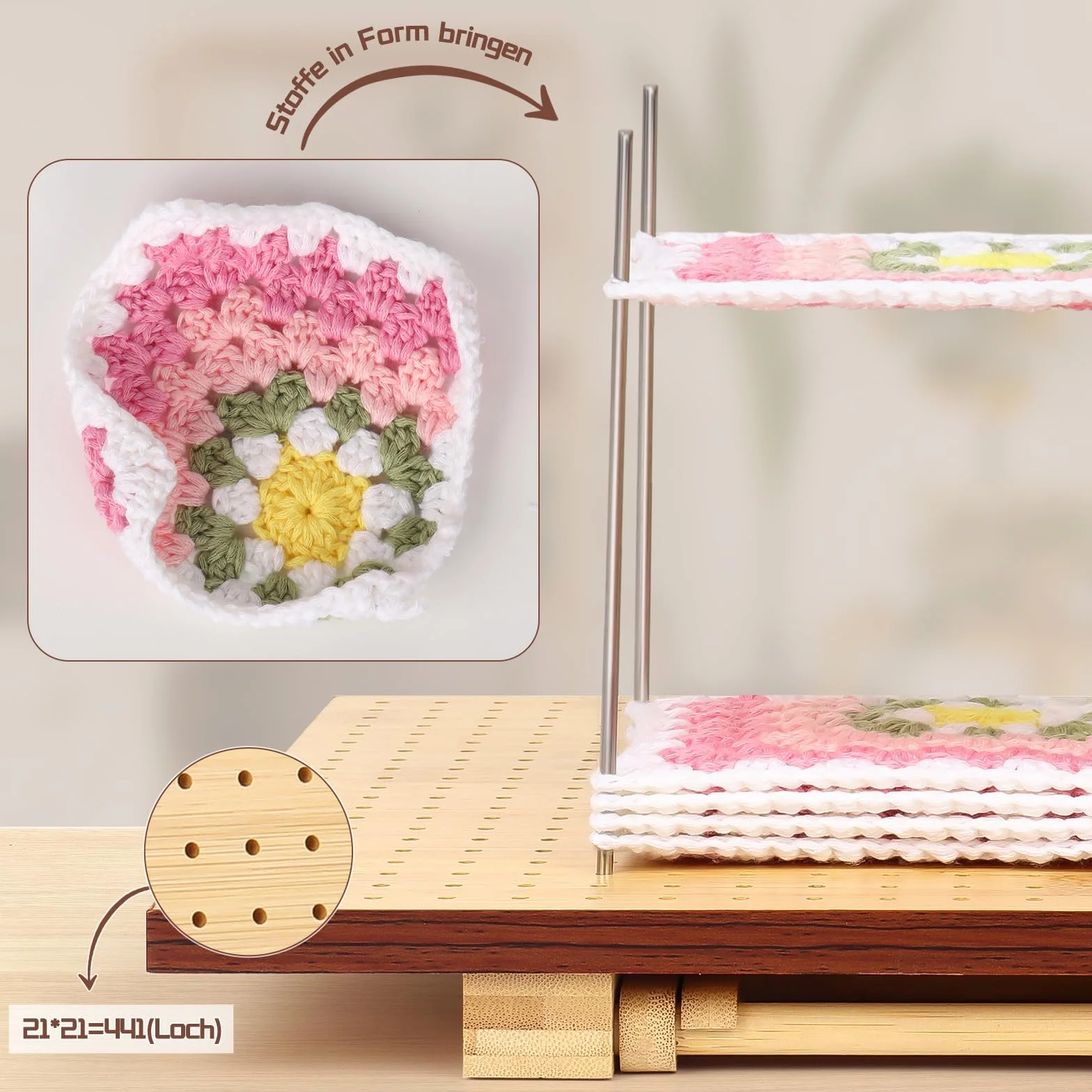 Katech 29cm Planche de Blocage Crochet Pliable, Kit Crochet Tricot pour Granny Squares avec 30 Tiges Métal