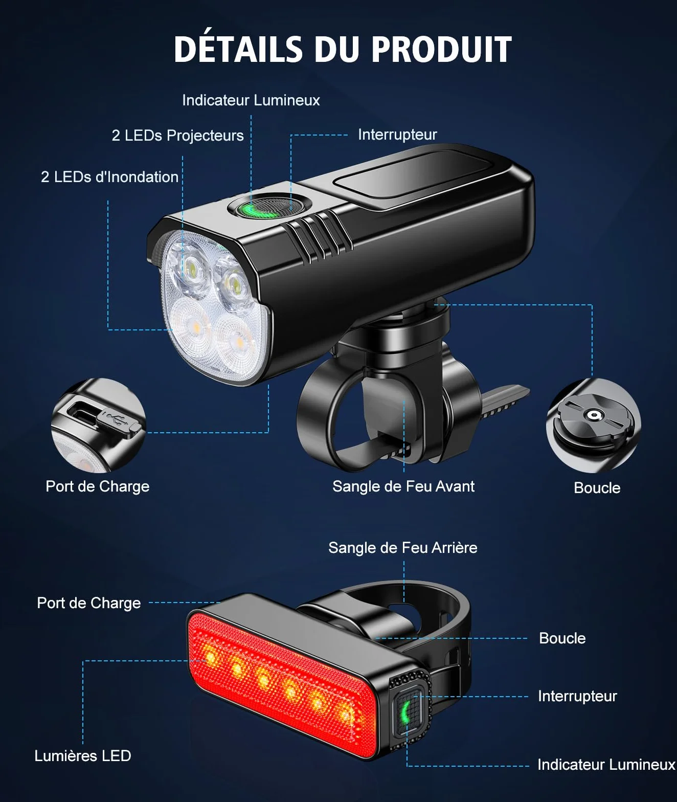 Babacom Lumiere Velo Avant et Arriere [Spot & Faisceau d'Inondation], [8+6 Modes d'Éclairage] Lampe Vélo LED Puissante Étanche, USB Rechargeable, Eclairage Vélo pour Cyclysme VTT, Alliage d'Aluminium