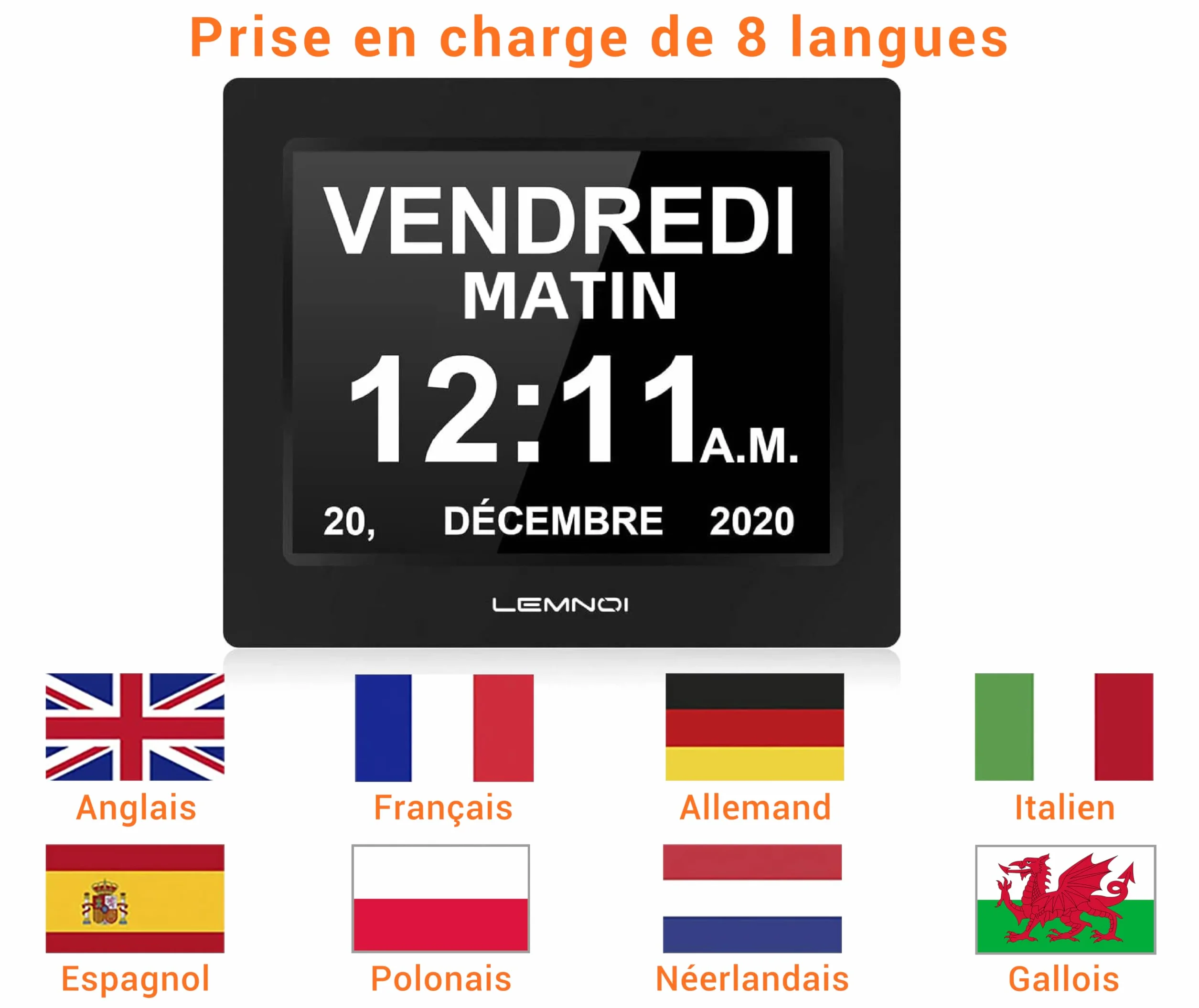 LEMNOI 8" Horloge Numérique LCD Calendrier N10 Auto Dimming HD Display 8 Langues