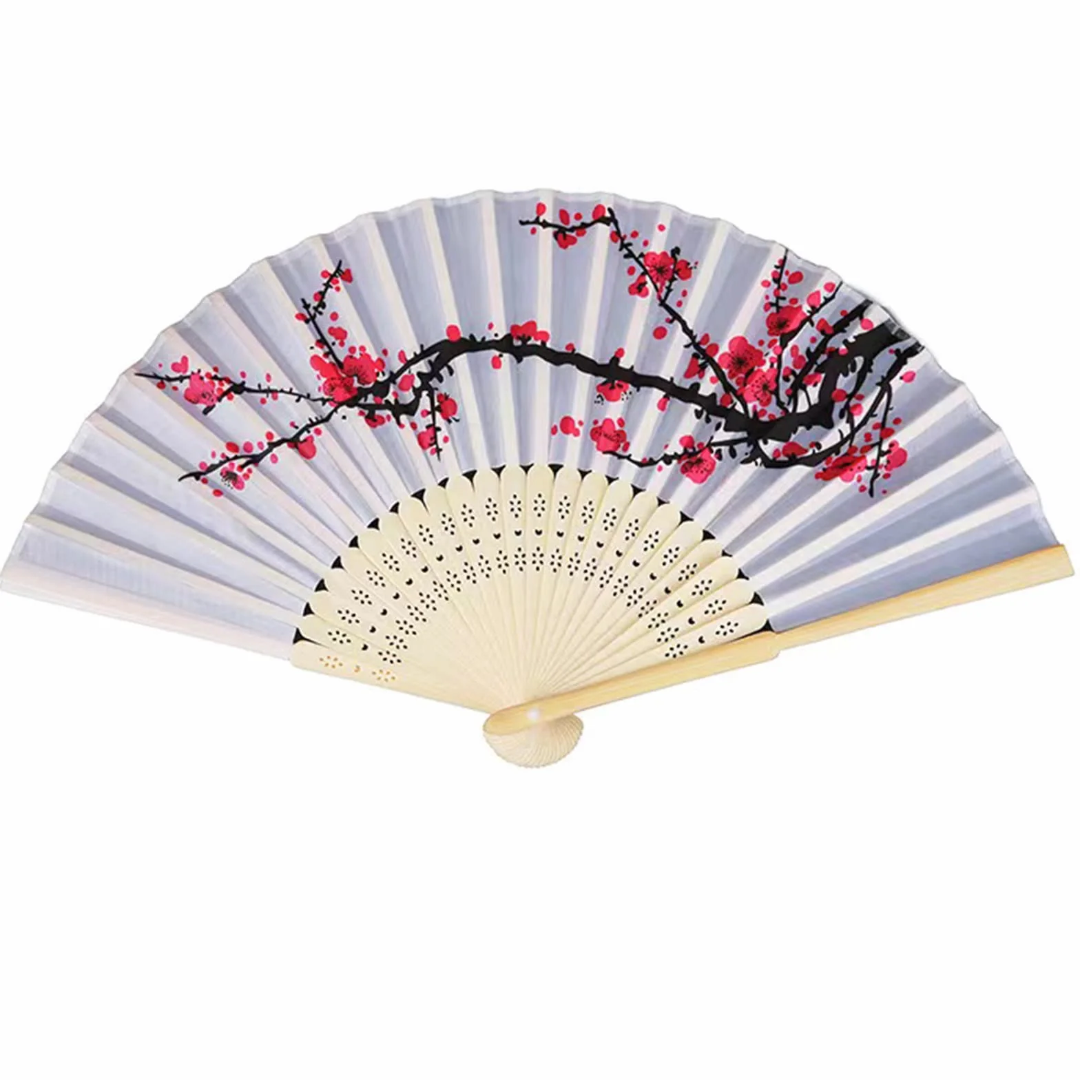 Éventail pliable à main femme bambou soie pompon motif fleur blanc