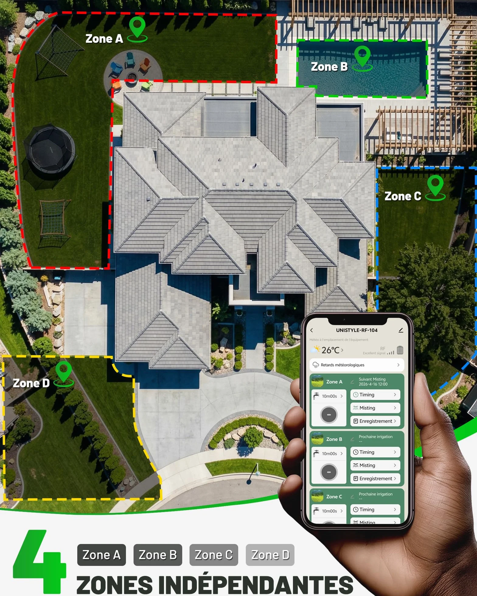 Programmateur Arrosage Connecté WiFi 4 Voies Unistyle – Contrôle via App 5 Programmes Jardin Automatique