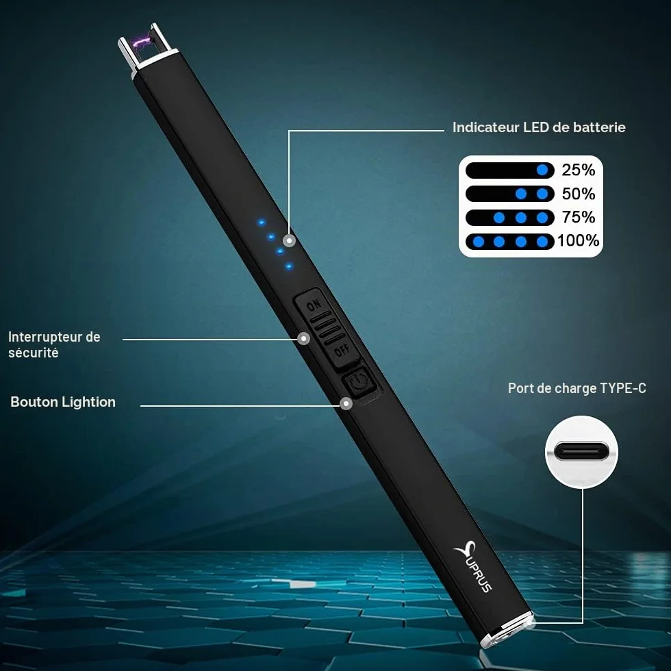 Briquet électrique à Arc SUPRUS USB Rechargeable Coupe-Vent sans Flamme avec Serrure de sécurité