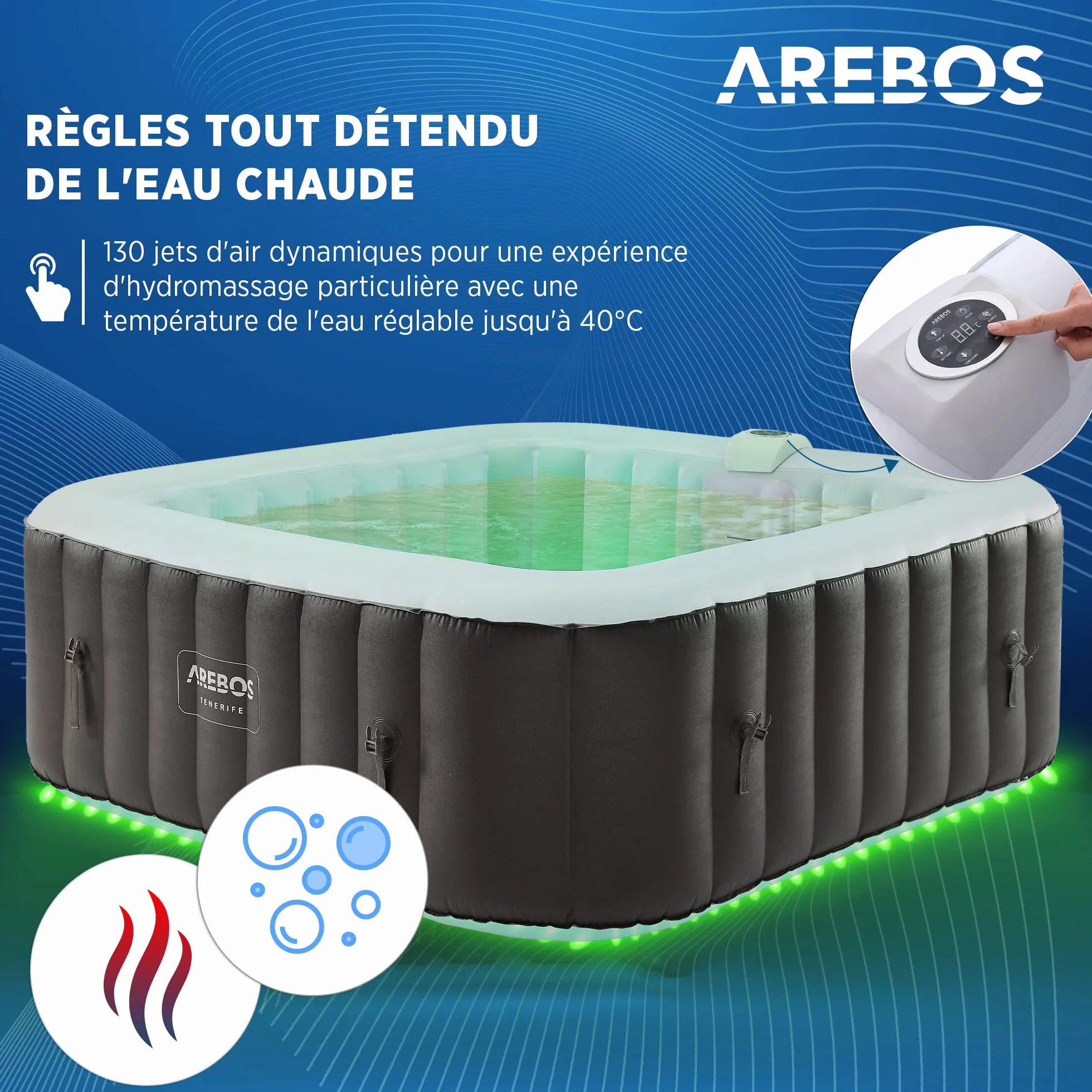 Arebos Spa Gonflable 185x185cm 6 Personnes 130 Jets LED Bulles Massage Automatique