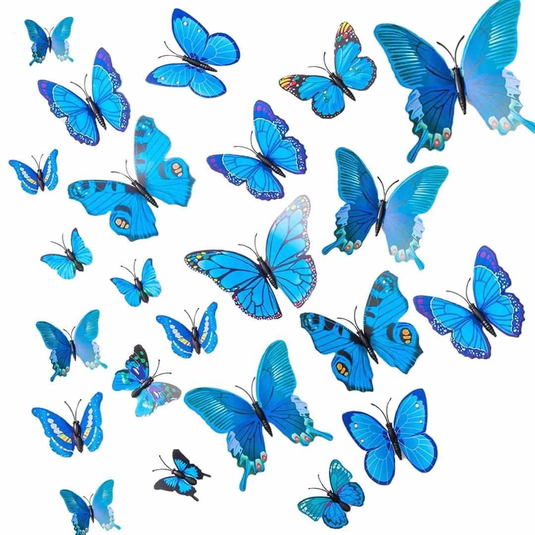 Papillon Stickers Muraux 3D 24 Pièces Décoration Fête Chambre Bleu