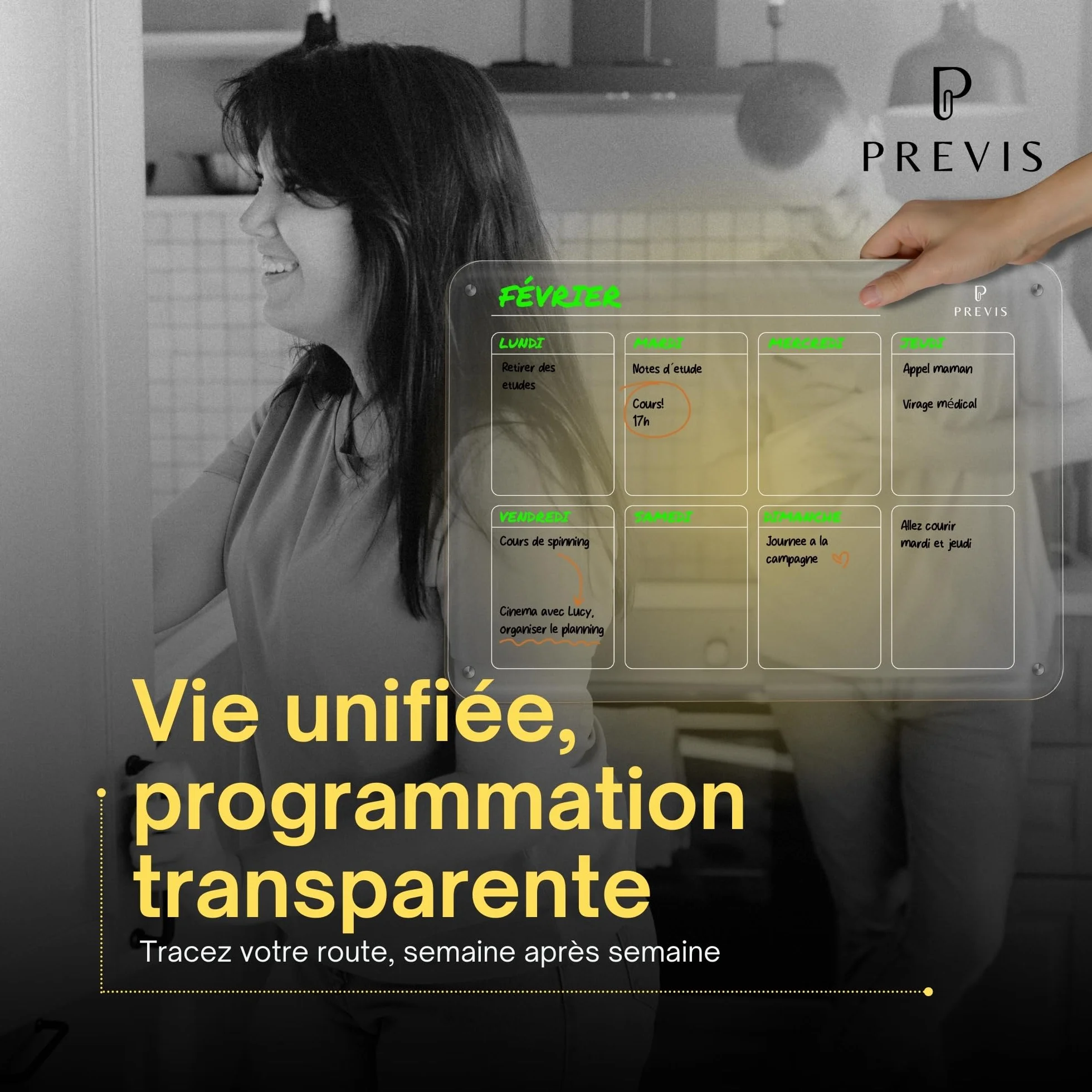 PREVIS BRAND Planning Frigo Magnetique Hebdomadaire Plexiglass Transparent A3 (30x40cm) avec 4 Marqueurs - Tableau Planner Frigo Acrylique
