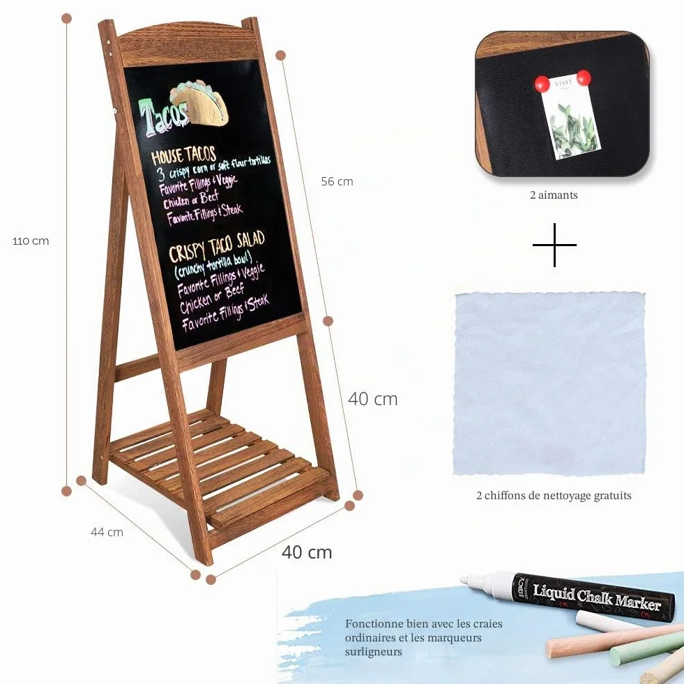 UNHO Panneau Publicitaire sur Pied Tableau Noir Magnétique Bois 110x44cm Vintage pour Restaurant Café Bar