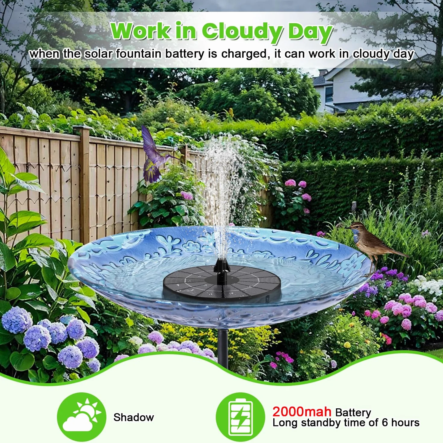 Fontaine Solaire Flottante 3.5W 2000mAh avec Pompe Bassin 8 Buses 4 Tiges Fixes pour Jardin