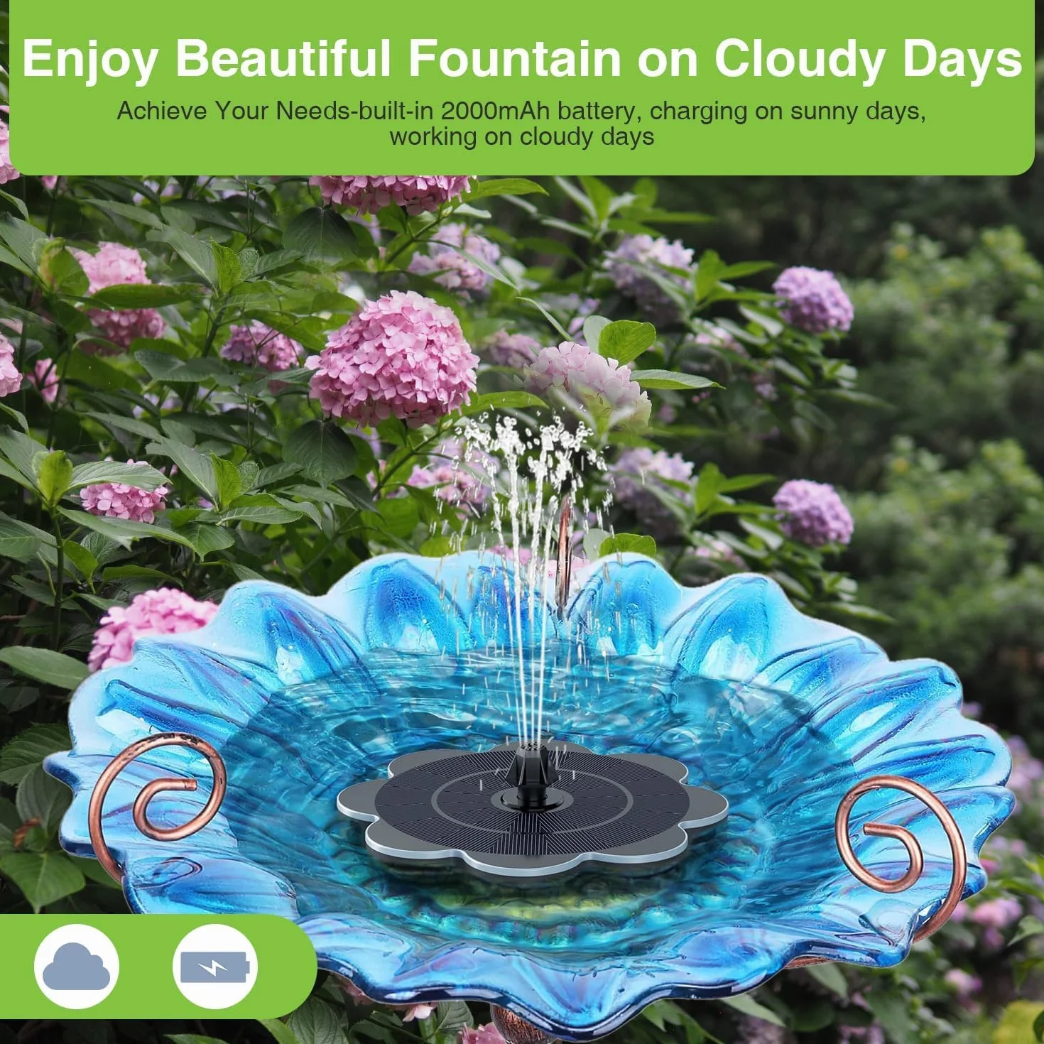 Fontaine Solaire 3.5W Extérieure Flottante Pompe Bassin Solaire 2000mAh Batterie 7 Buses pour Bain d'oiseaux Jardin