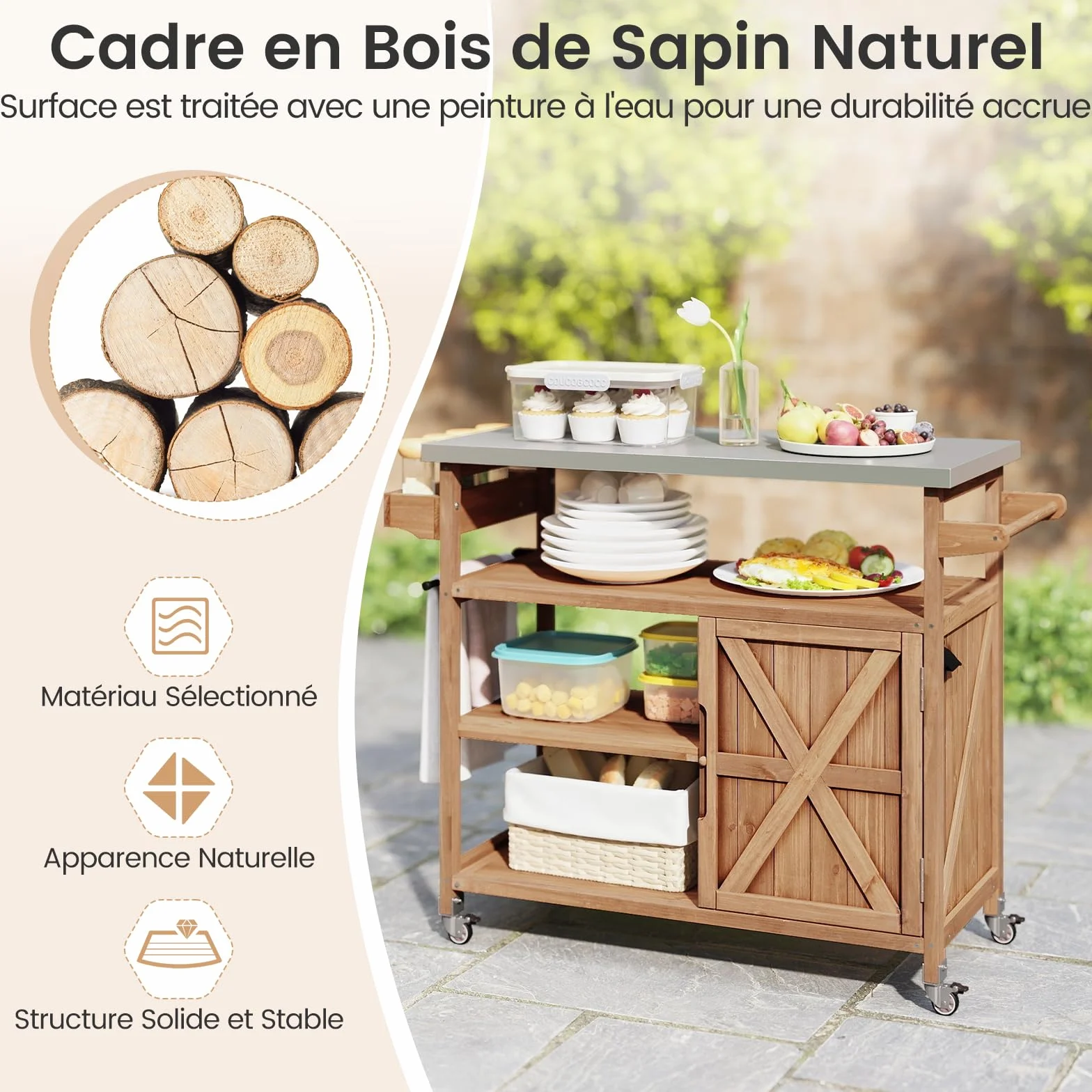 COSTWAY Chariot d'Extérieur en Bois avec Rangement, Meuble de Préparation BBQ avec Plateau 3 Étagères Ouvertes & Armoire