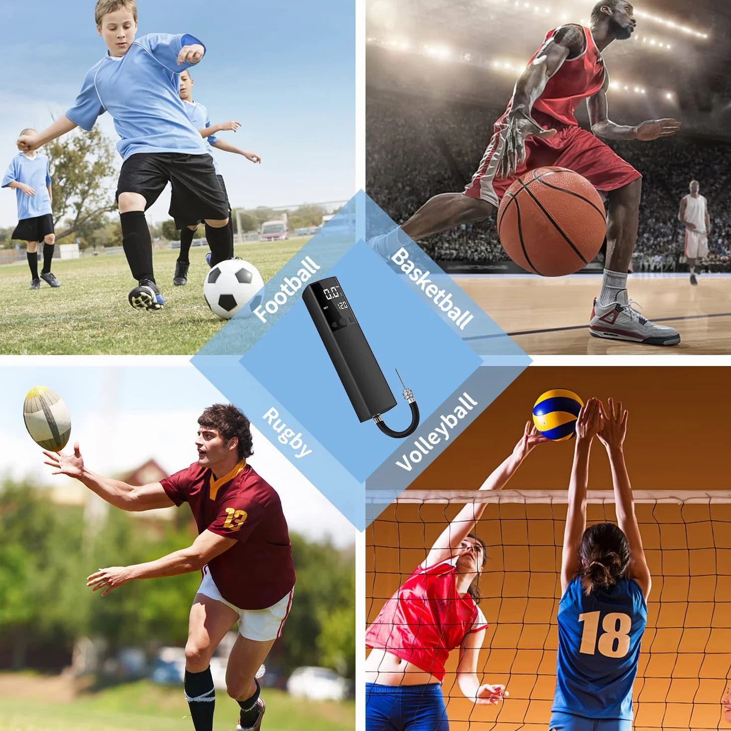 Kizplays Pompe à Ballon électrique Intelligente, Portable, gonflage Rapide de la Balle avec manomètre précis et écran LCD numérique pour Football, Basketball, Volley-Ball (2 Aiguilles et 1 buse)