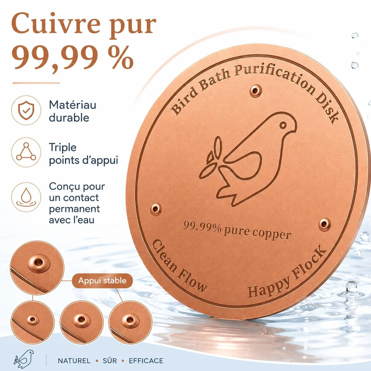 Disque de Nettoyage en Cuivre pour Bain d'Oiseaux avec Support Triple Point