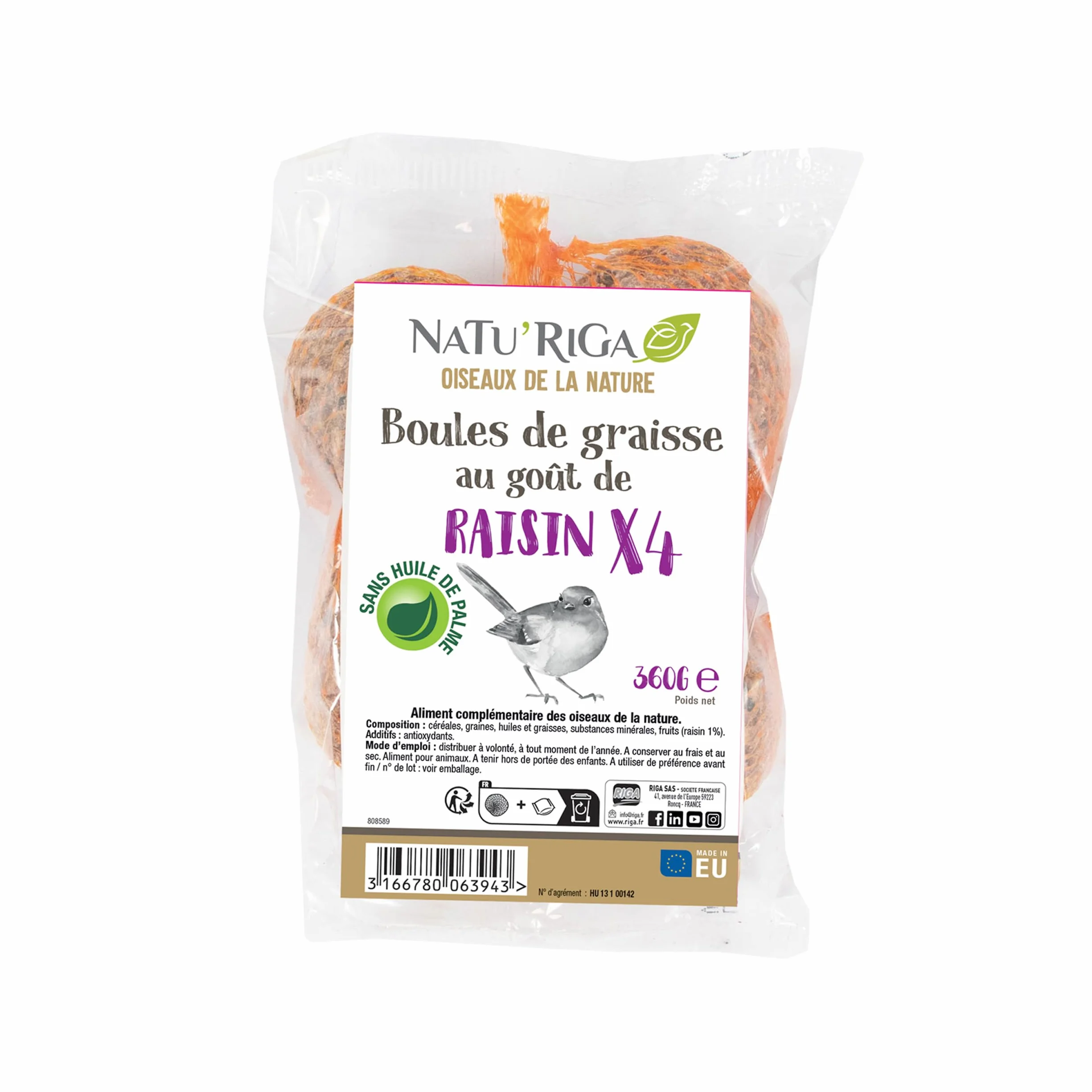 NATU'RIGA Boules De Graisses Au Raisin Nourriture Oiseaux Exterieur x 4