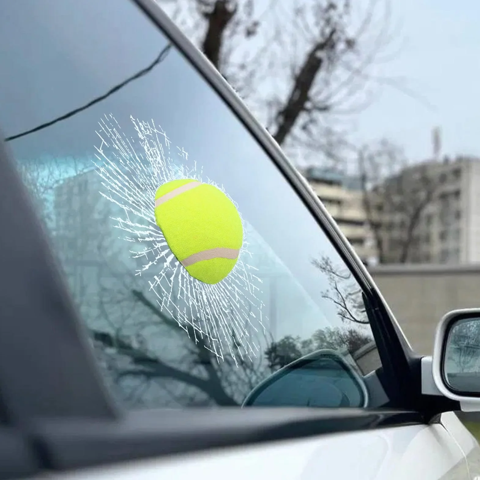 Autocollant 3D en verre brisé - Motif balle de tennis - Autocollant amusant pour fenêtre de voiture - Décoration de pare- de voiture pour et berlines