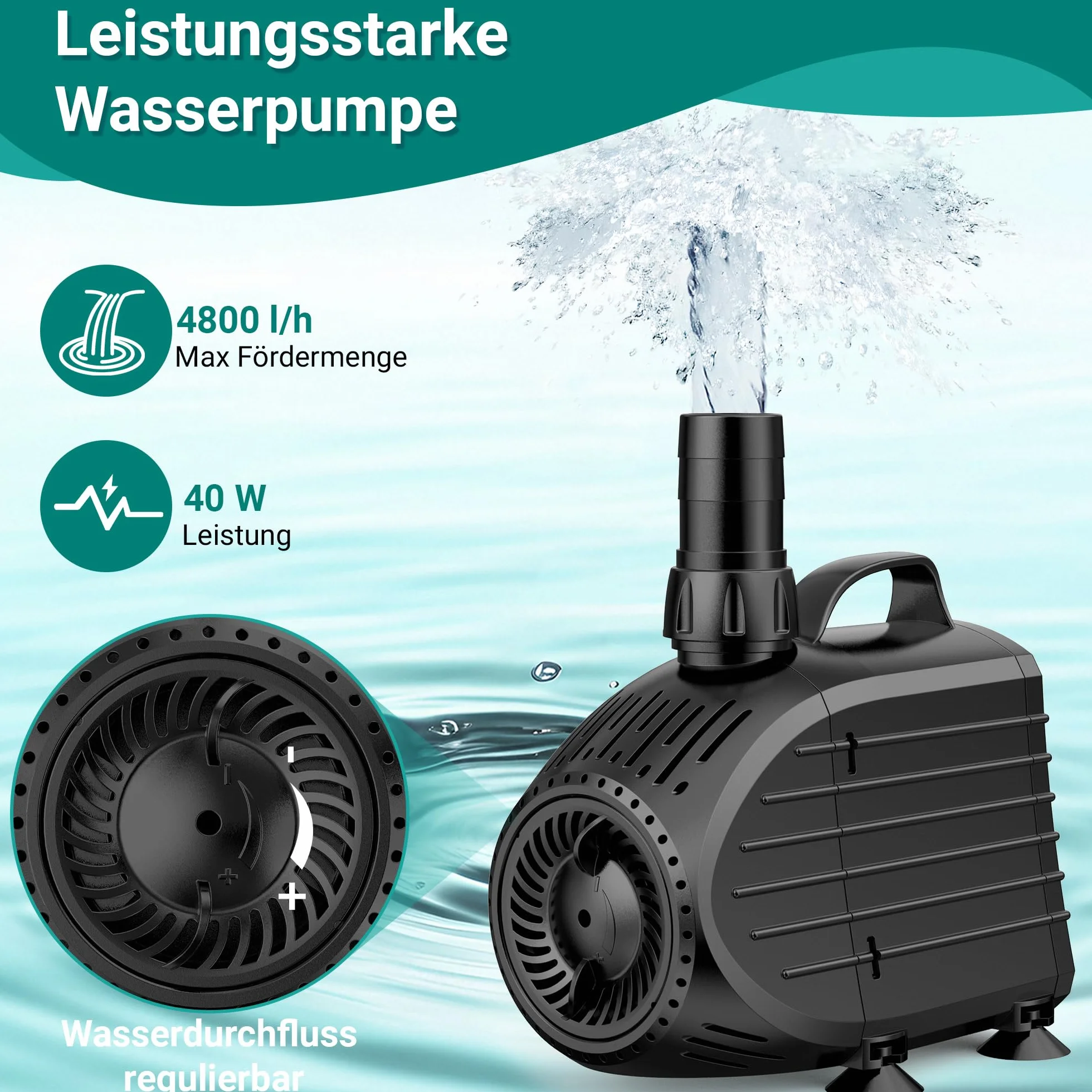 Cascade LED 60cm Acier Inoxydable Pompe Bassin 80W 4500 l/h Jardin