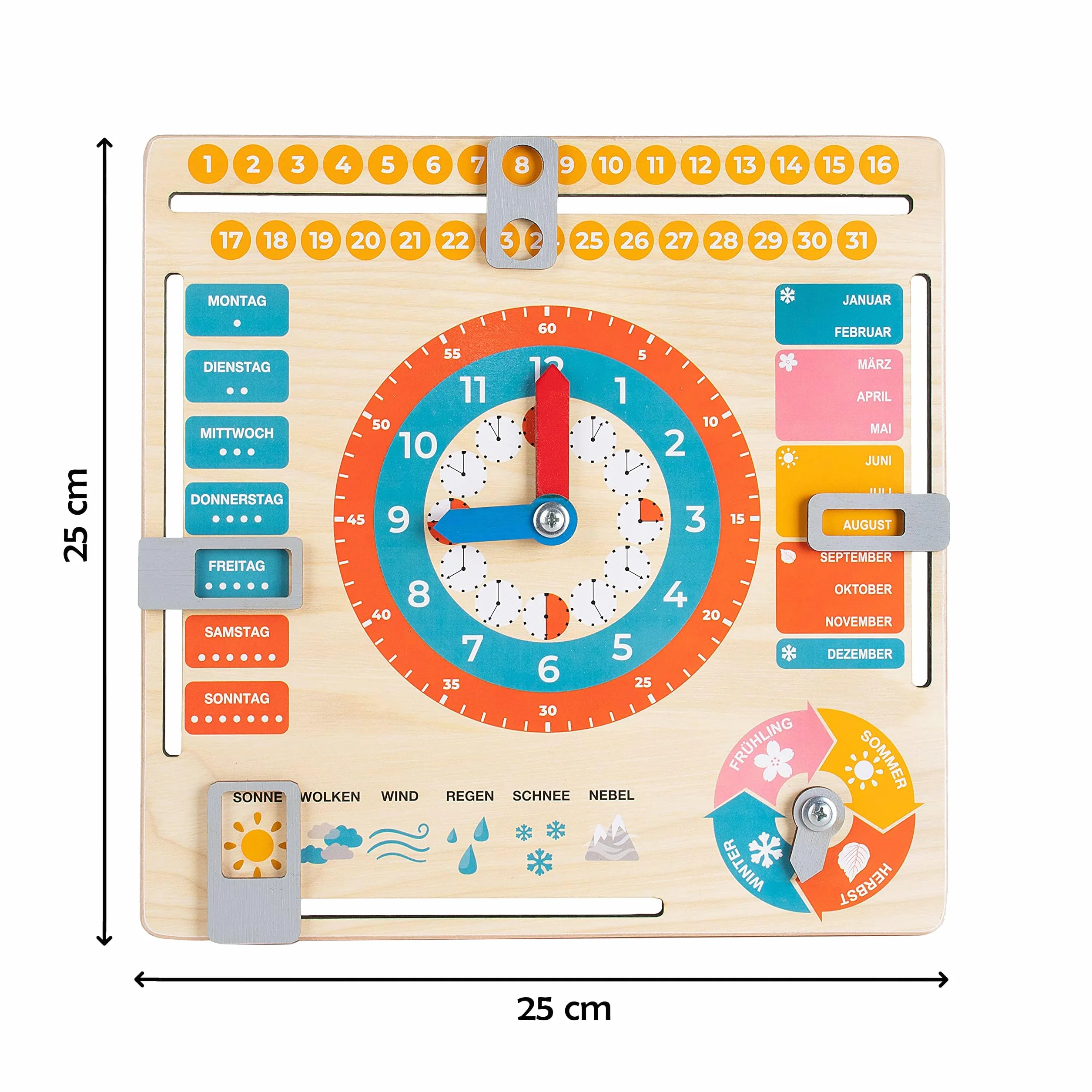 FANCY Jouet en bois Horloge éducative pour enfants Calendrier allemand apprentissage heure date jours semaines mois saisons météo