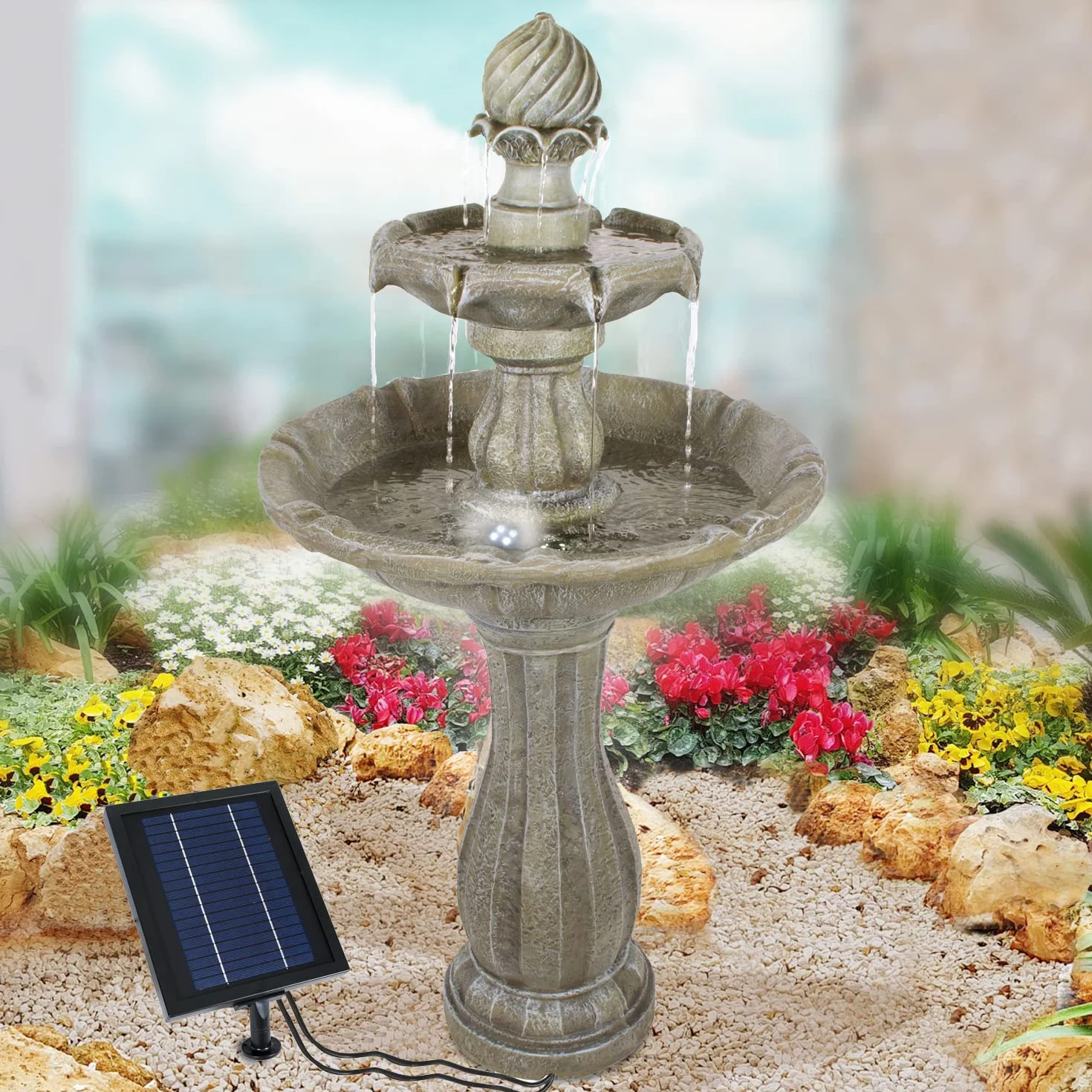 Fontaine De Jardin Solaire 113cm avec Batterie Li-ION et Lumières LED Pompe pour Jardin