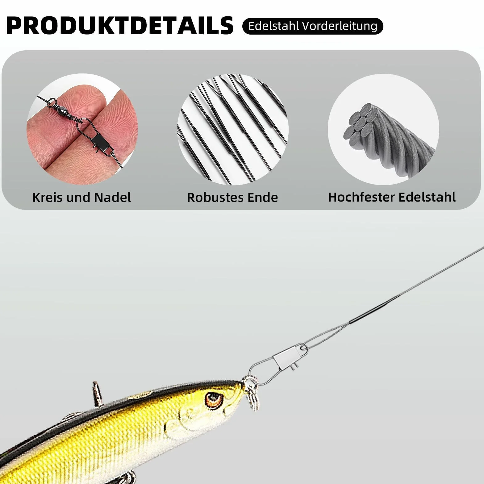 Lot de 100 bas de ligne pour brochet en acier avec émerillons et clips, bas de ligne en acier inoxydable pour la pêche au lancer, 5 tailles, bas de ligne indéchirable pour poissons prédateurs
