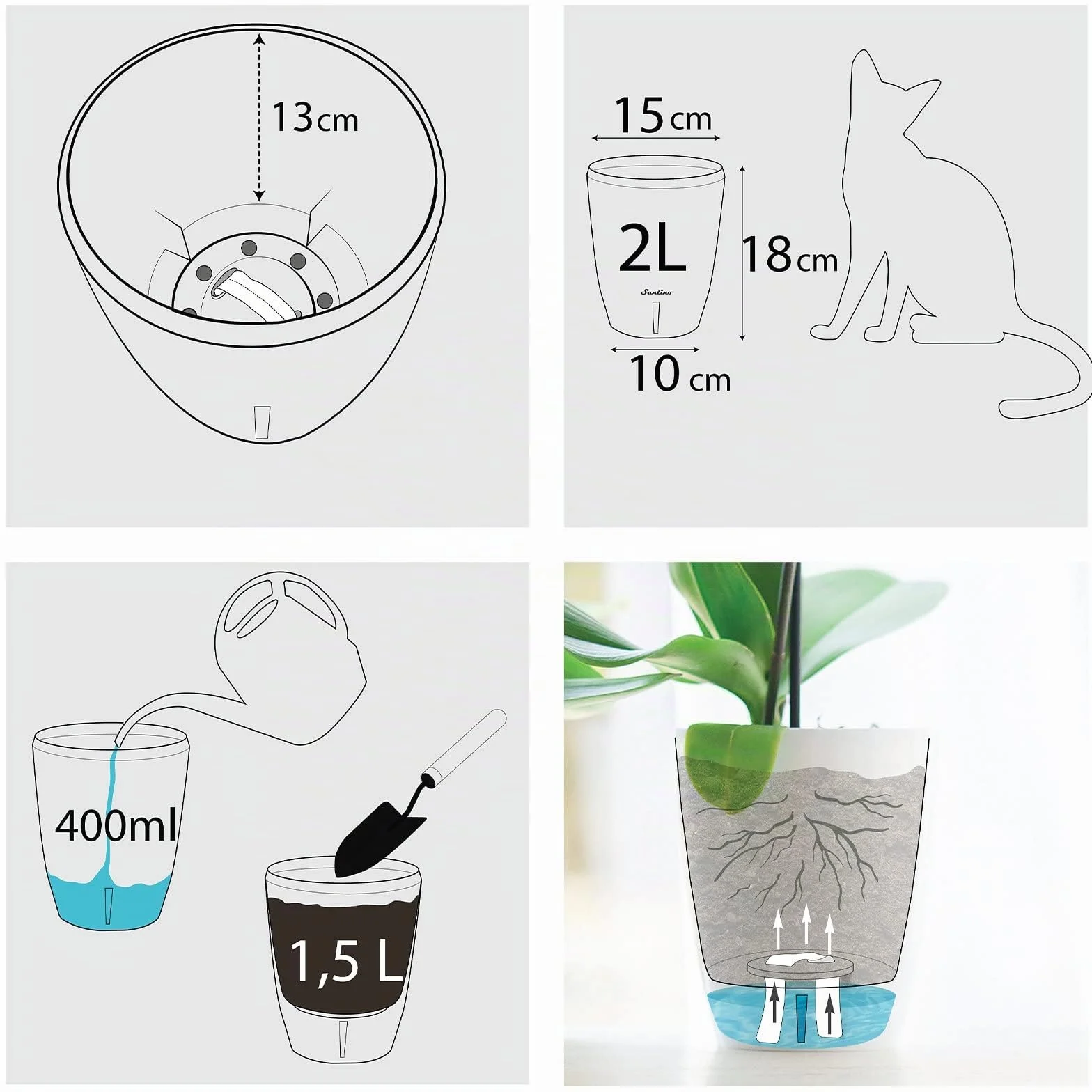 Santino ORCHIDEA Pot à Orchidée Arrosage Automatique 15 cm 2 L Transparent