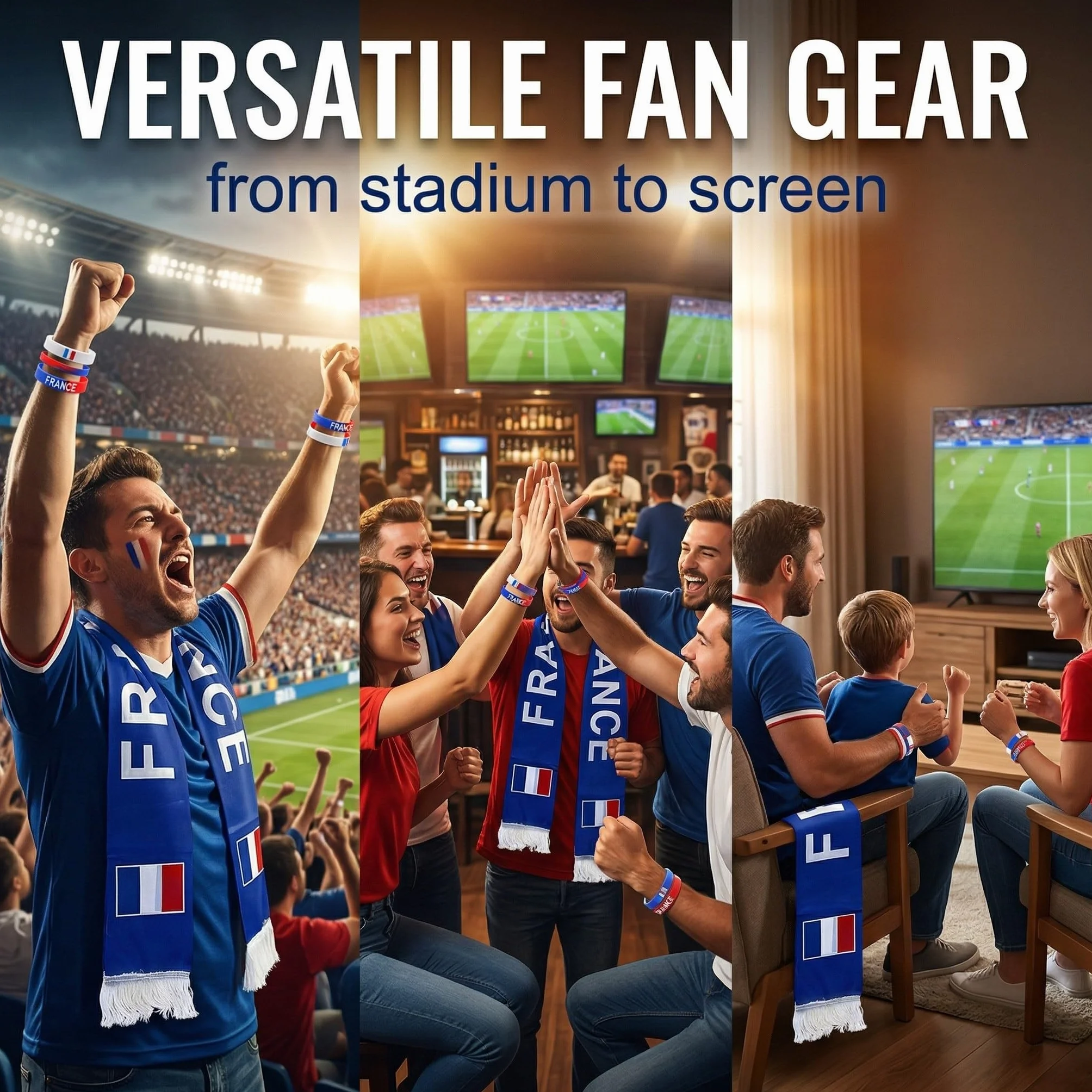 Écharpe de Supporter avec 2 Bracelets en Silicone, Kit Accessoire Bleu Blanc Rouge pour Match de Football et Rugby, Idée Cadeau pour Supporters Homme et Enfant