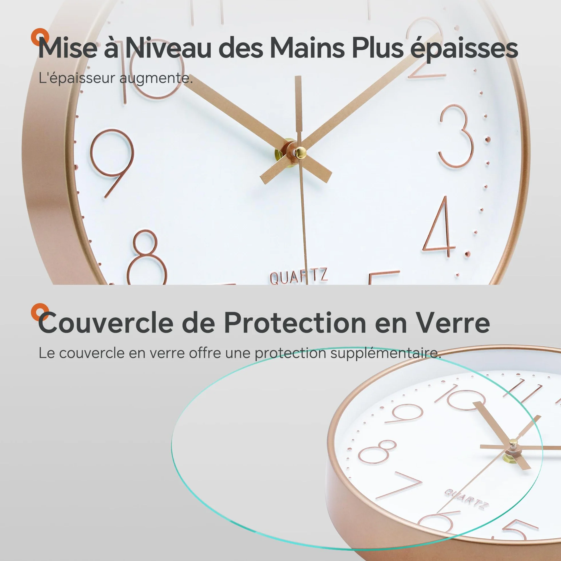 VIKMARI Horloge Murale 20cm Or Rose Verre Silencieuse Pendule Murale Salon Cuisine Chambre