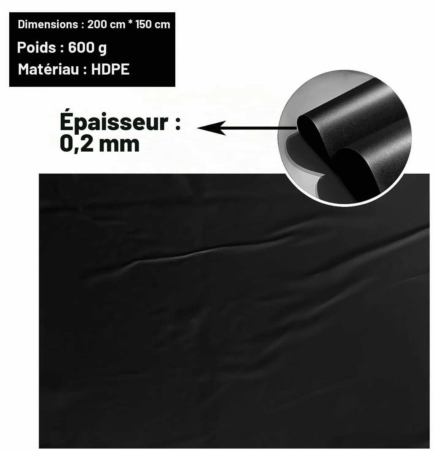Bassin HDPE Noir 0,2 mm Imperméable Résistant aux Intempéries 150x200 cm