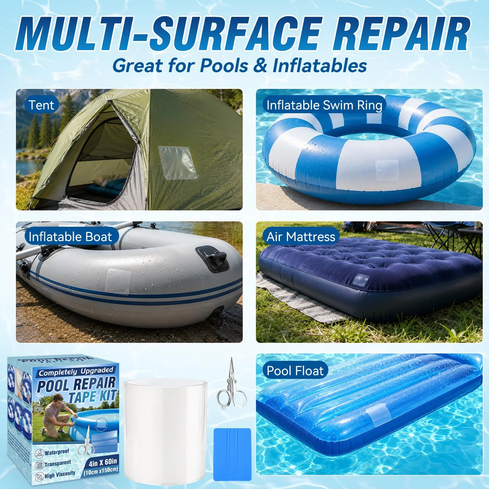 Vigorder Rustine Piscine 10 x 150 cm Kit Réparation Liner PVC Étanche Auto-Adhésif