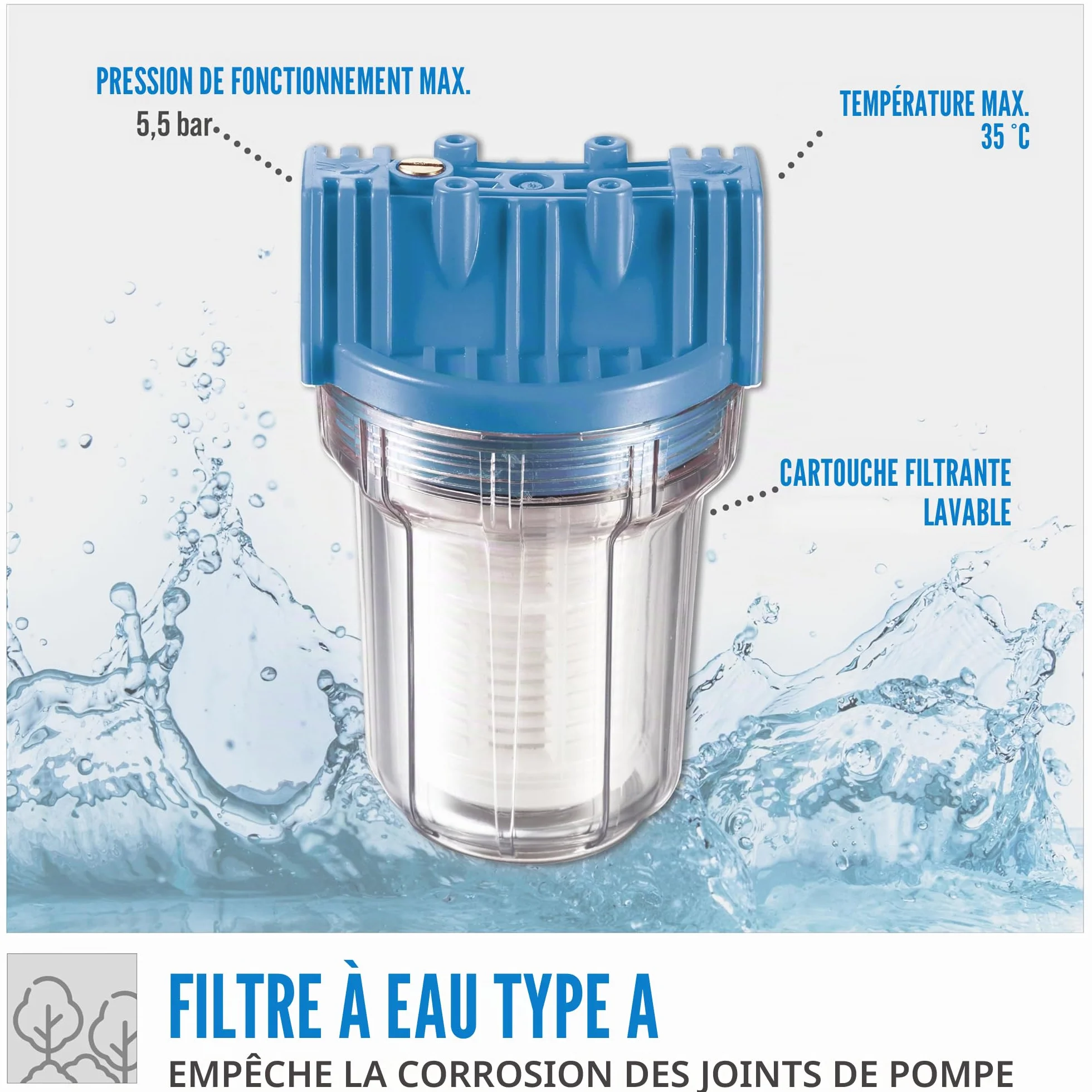 Güde Filtre à eau type A 1" 5,5 bar cartouche filtrante lavable