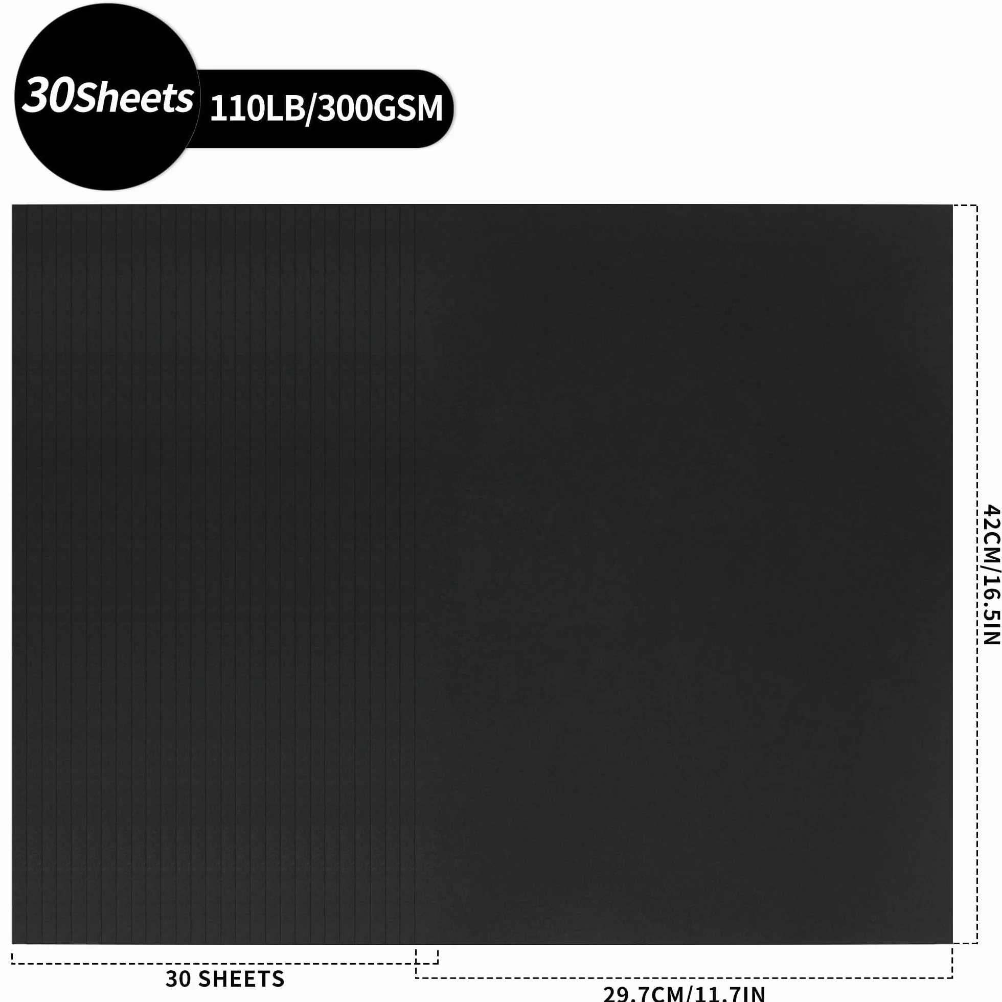 Papier Cartonné A3 300gsm Noir 30 Feuilles PAC01BK030