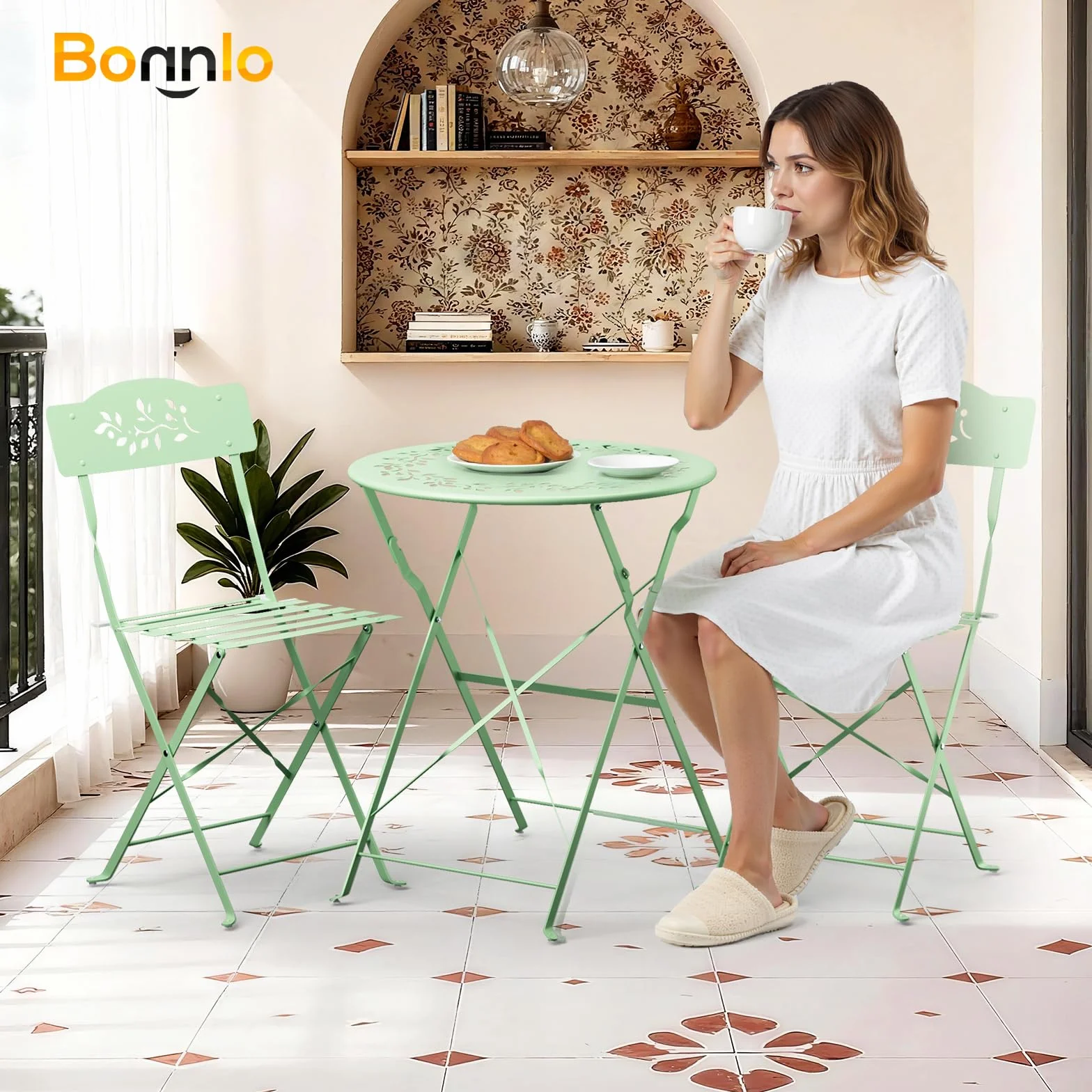 Bonnlo Set de Bistrot Pliant 3 Pièces Table et Chaise de Jardin Exterieur Vert Clair