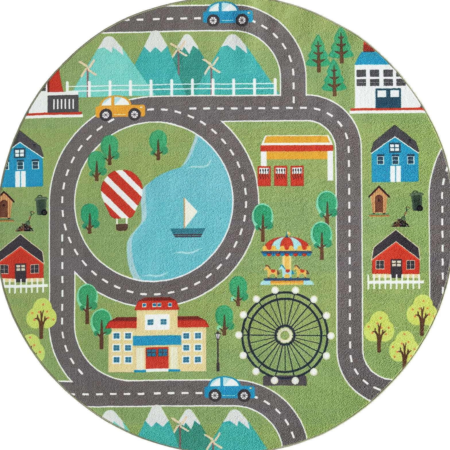 Tapis de Jeu Lavable Vert 80 x 150 cm Motif Rue Ville Voitures Happy Life