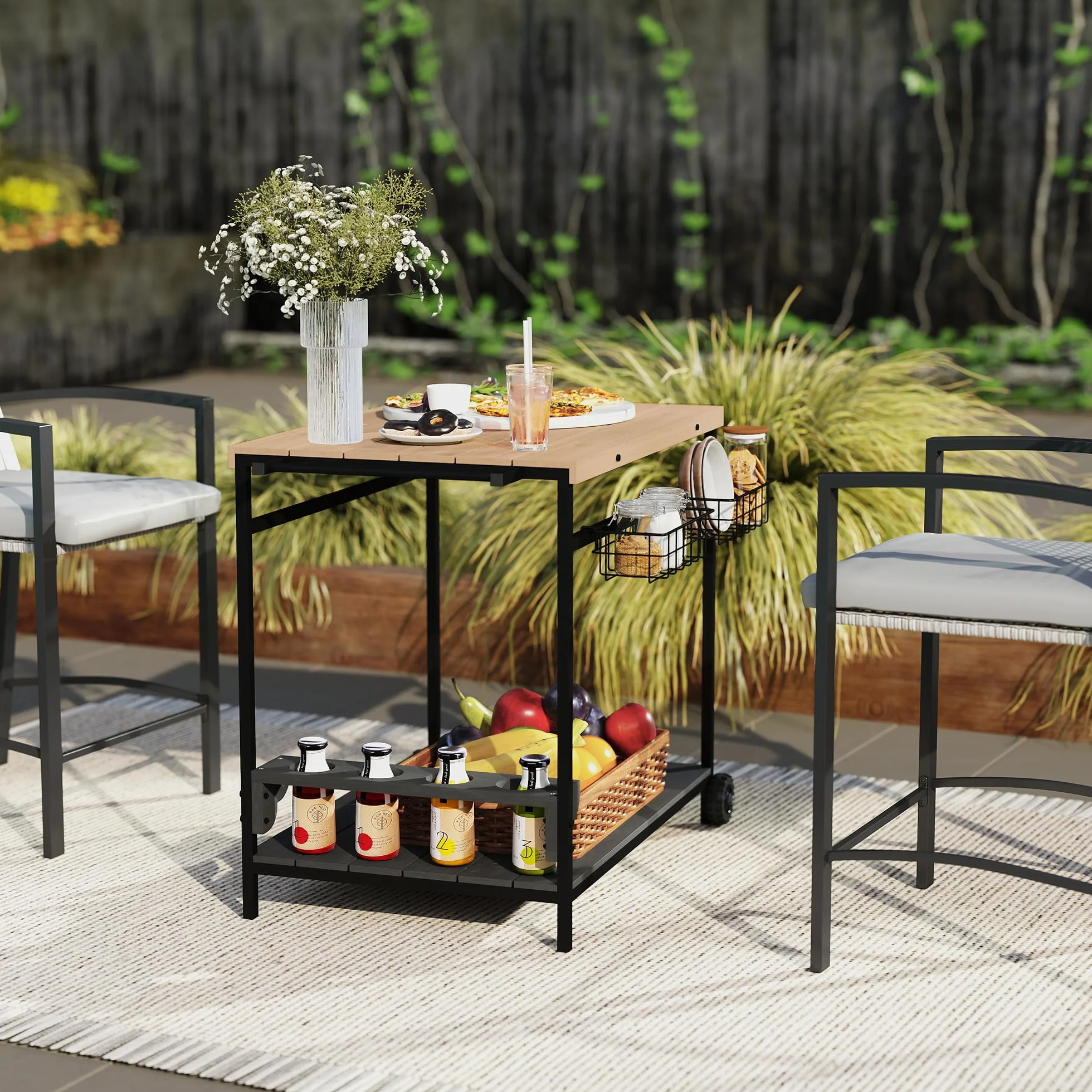 Outsunny Desserte de Jardin Chariot pour plancha Barbecue en Bois et métal 2 Plateaux 2 paniers Porte-Bouteilles 97,5L x 65l x 81H cm Naturel Noir