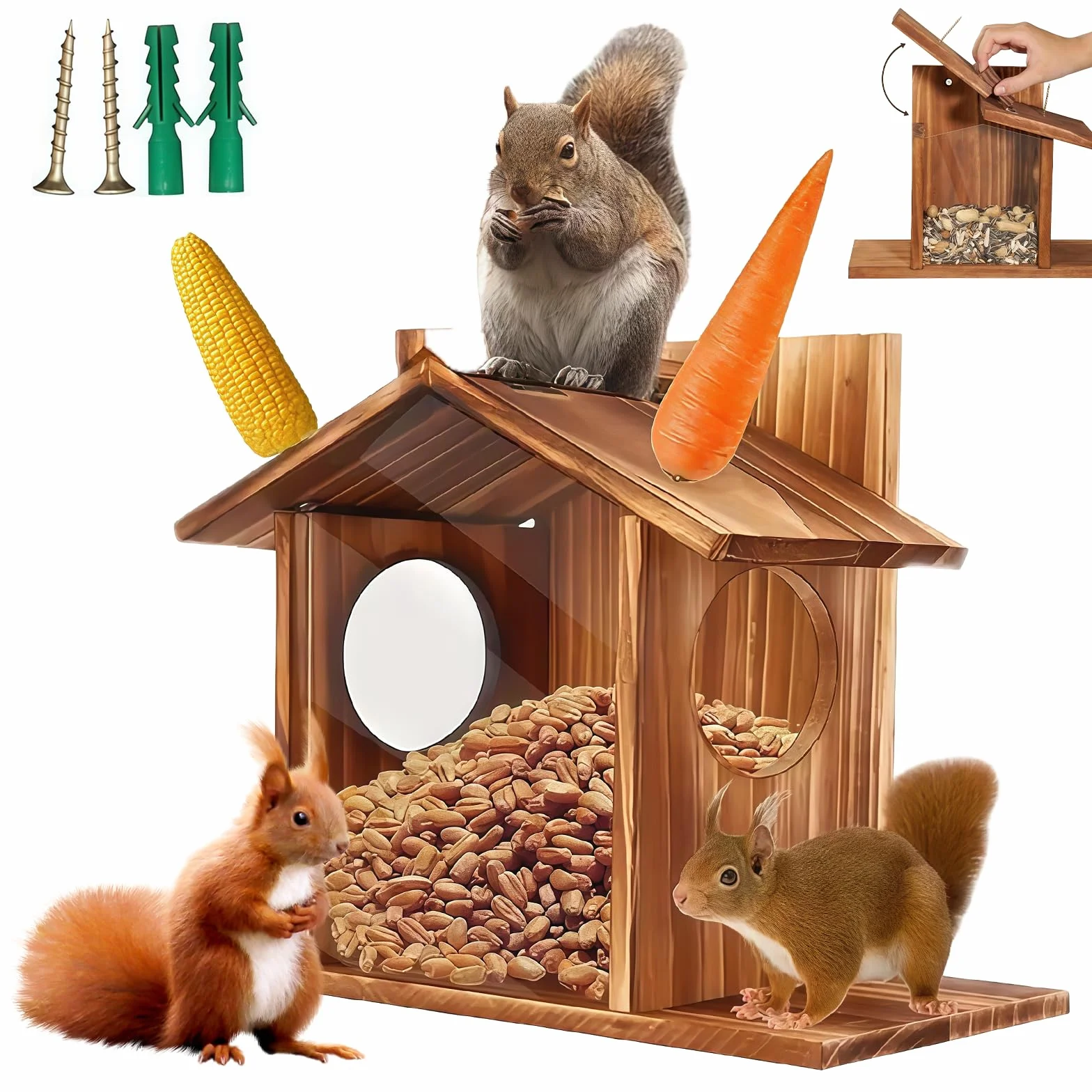 Mangeoire pour écureuils en bois résistant aux intempéries, stable et durable avec 2 entrées