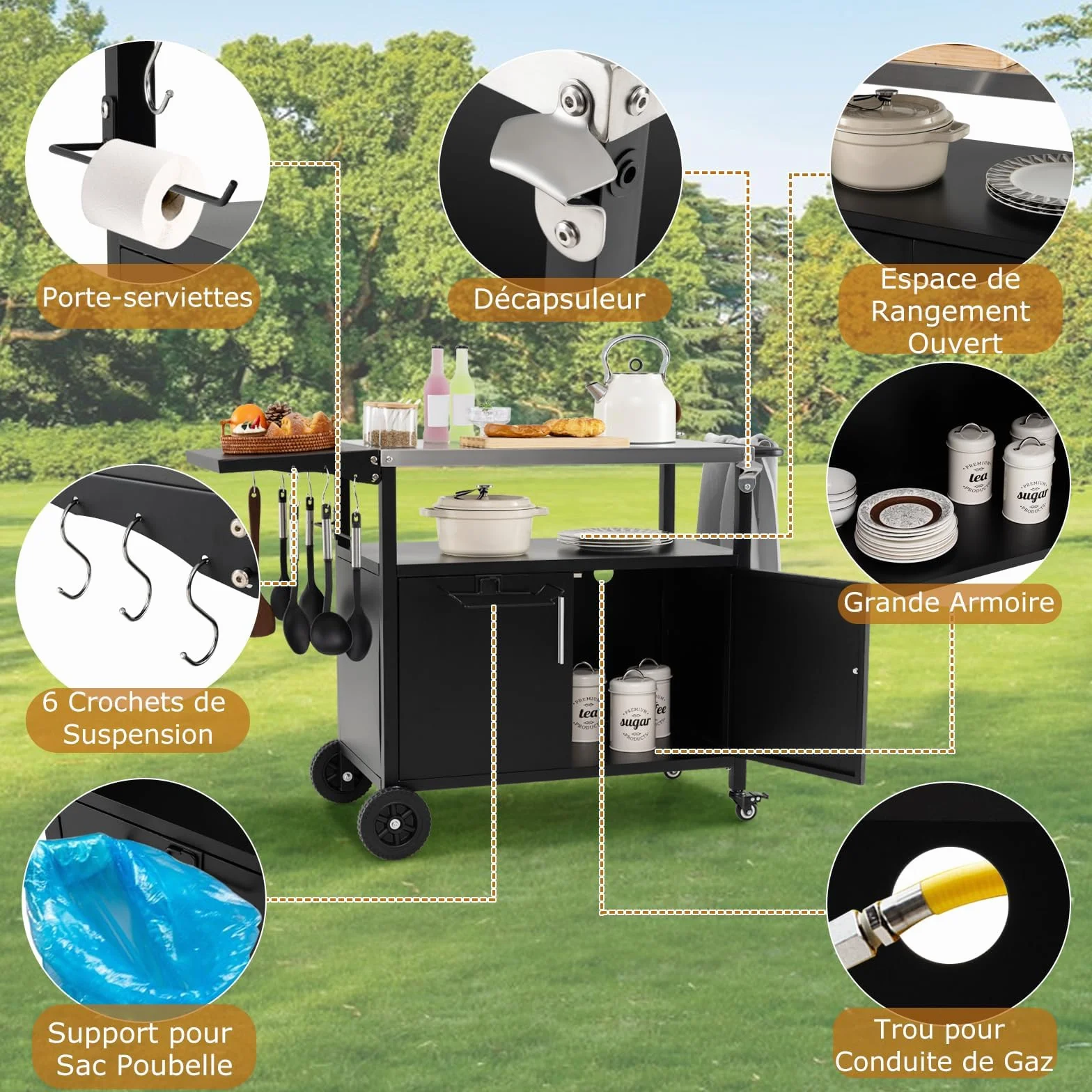 GOPLUS Desserte Jardin 3 Niveaux avec Plan de Travail Pliant, Porte-Serviettes, 6 Crochets, Mobile Préparation Exterieur, Charge 100KG