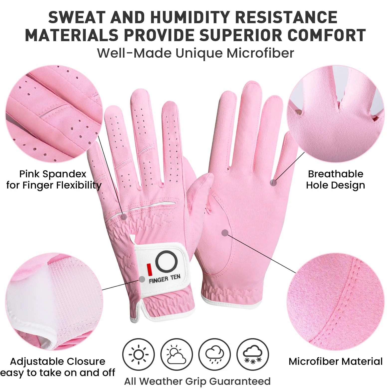 FINGER TEN Gant de Golf pour Femme Main Gauche pour Golfeur droitier, Humide, Chaud et Froid, Pluie adhérente par Tous Les Temps, Convient aux Tailles S, M, L, XL