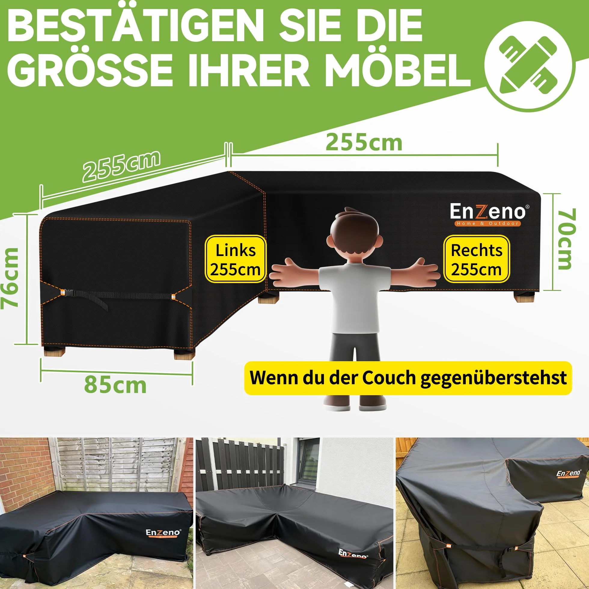 Enzeno Housse Protection Meubles Jardin Imperméable Coupe-Vent Canapé Angle Extérieur 255x255x87cm