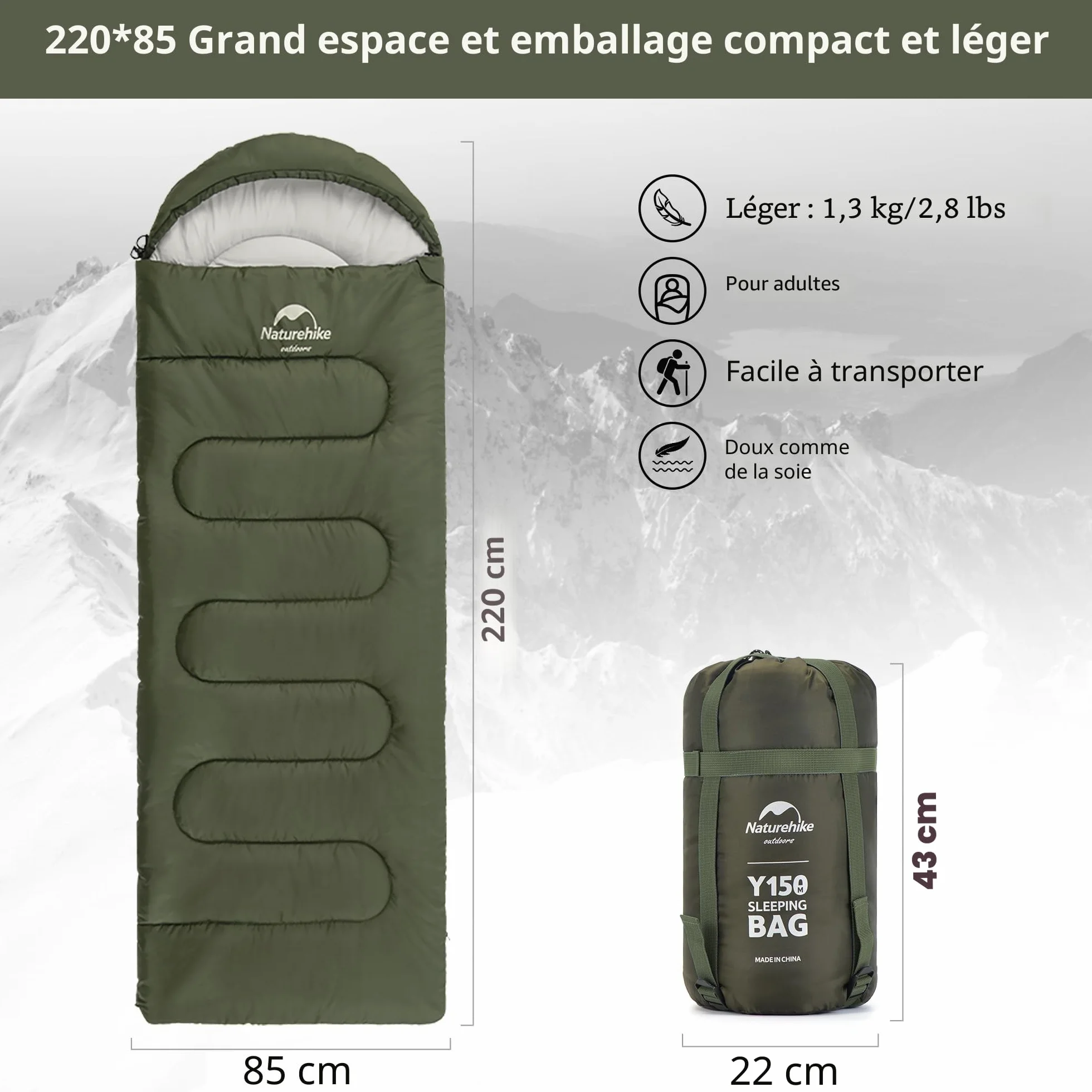 Naturehike Sac de Couchage Compact 3 Saisons,Confortable Surdimensionné 220x85cm adapté Adultes,Combiner dans Un Sac de Couchage 2 Personnes,Ultra léger Portable,avec Sac de Compression