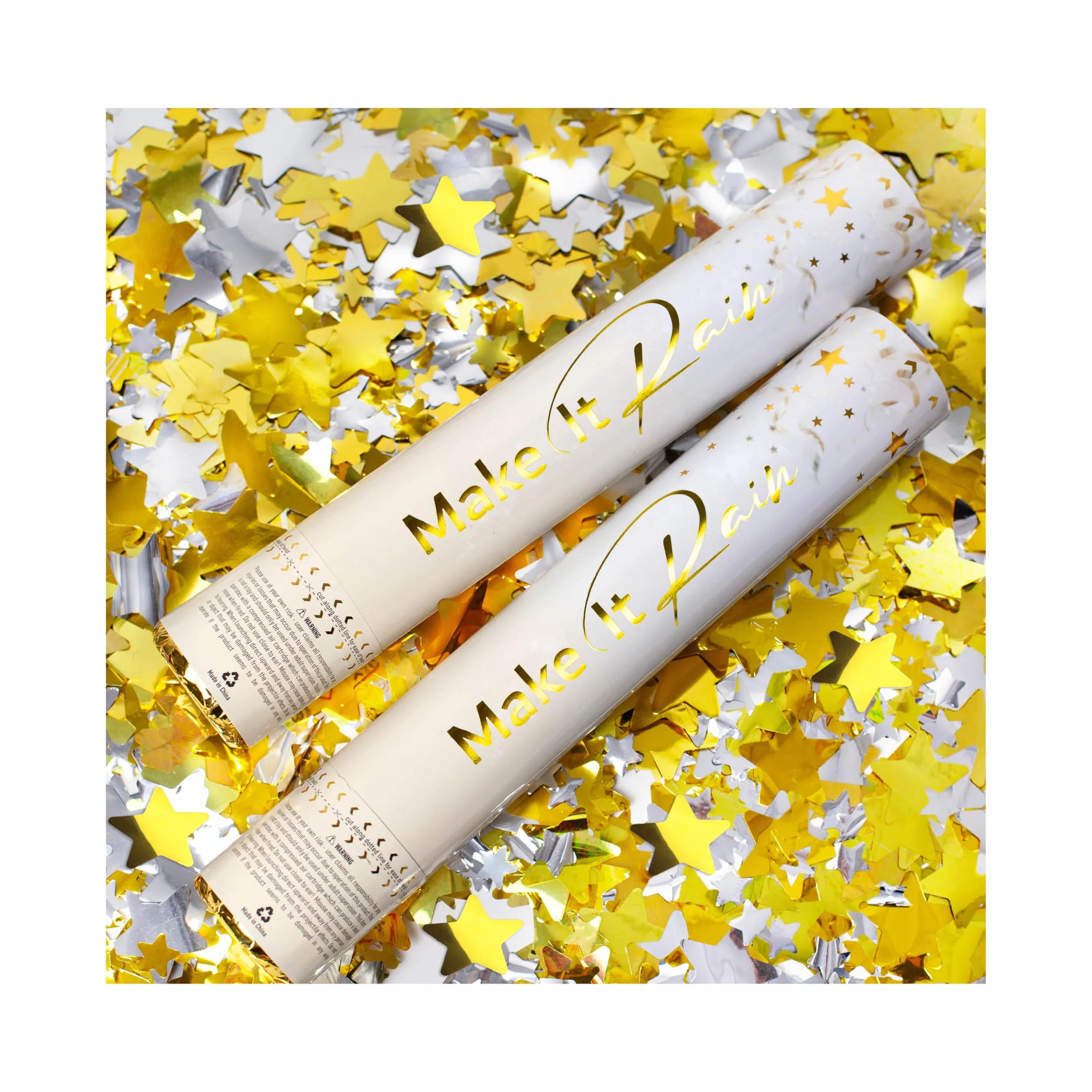PrimePure Canon Confettis Étoiles Dorées Lot de 2 Party Poppers Métallique Confetti Dorés