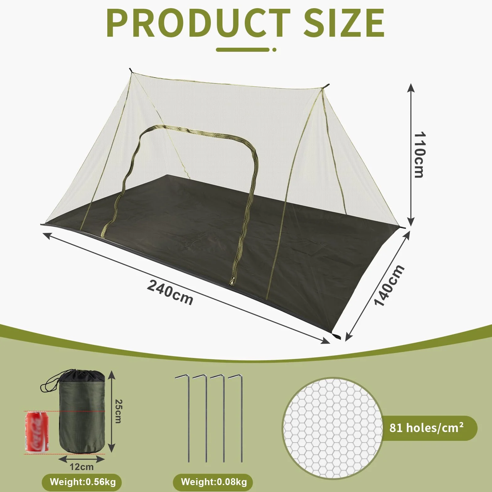 EFUTURETIME Grand Moustiquaire Camping 240X140X110cm, Portable et Léger pour Voyage, Tente Exterieur Anti Moustique avec Porte Zippé, Toit 2 Pans-Vert