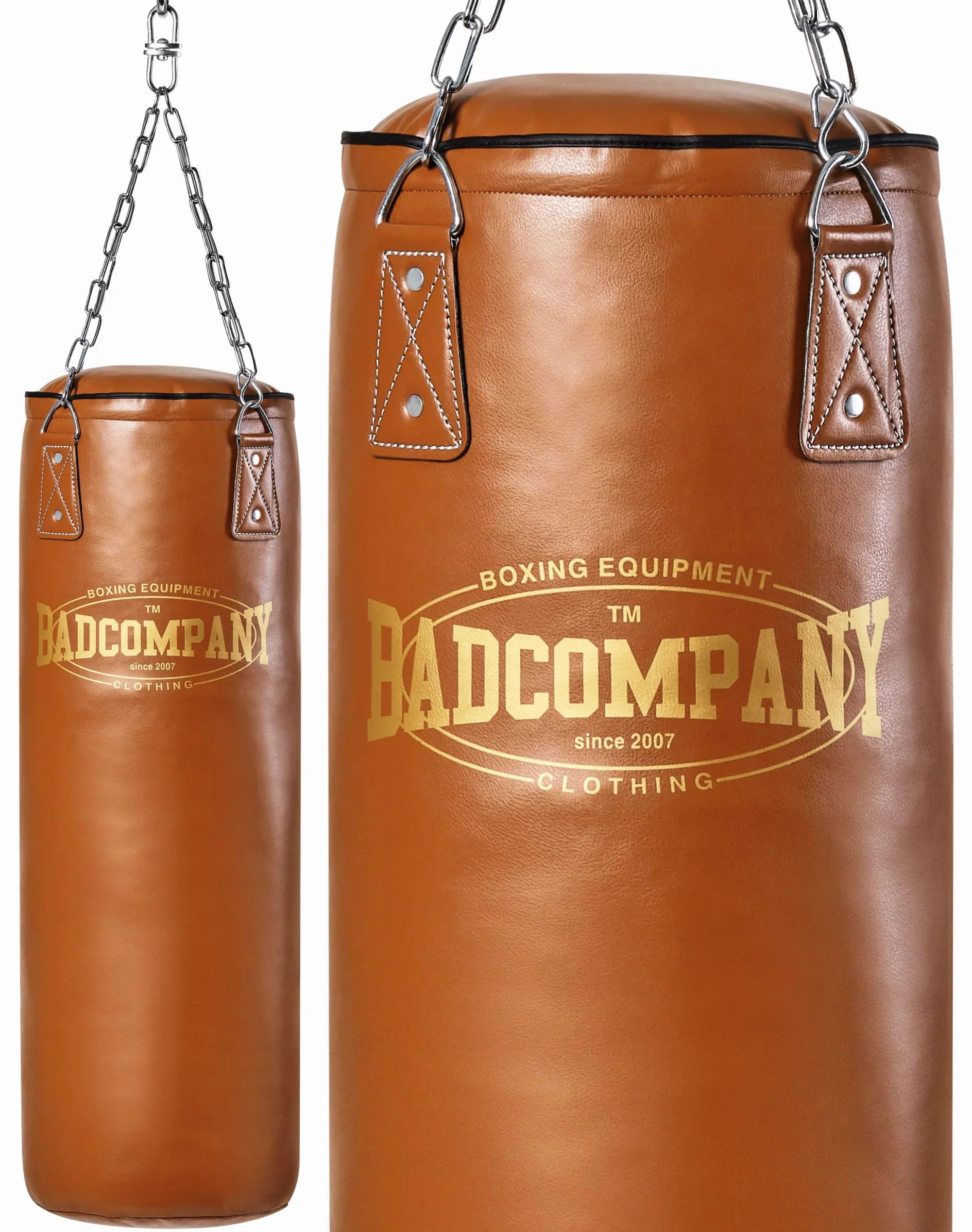Bad Company Sac de boxe rétro avec chaîne en acier à quatre points robuste I En cuir synthétique I Rempli/non rempli I 80/100/120/150/180 x 35 cm - Marron