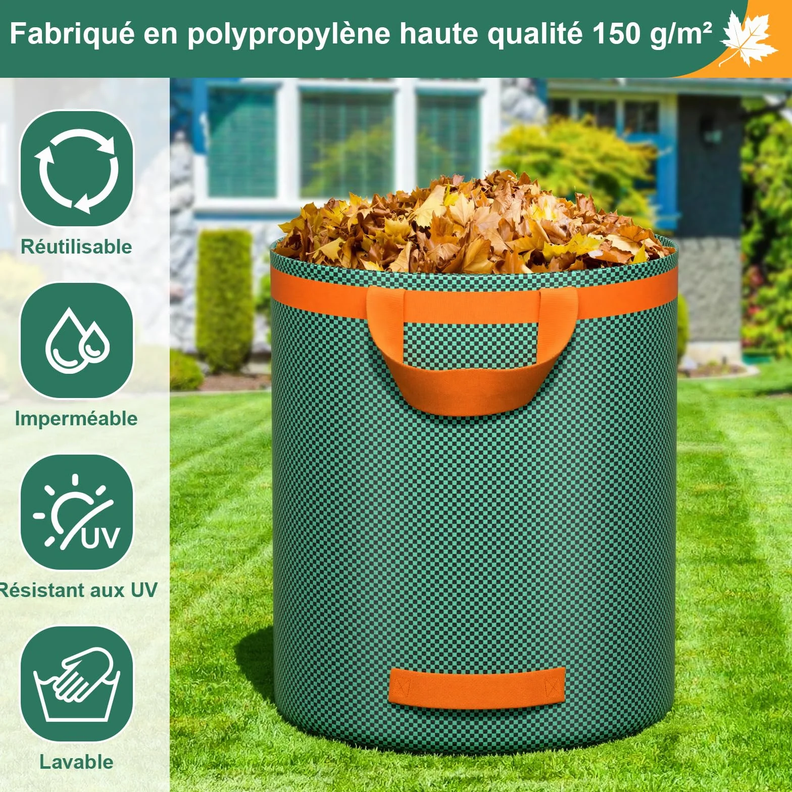 Sacs à déchets de Jardin Robustes 272L Réutilisables avec Poignées Indéchirables Pliables pour Feuilles Ordures Débris