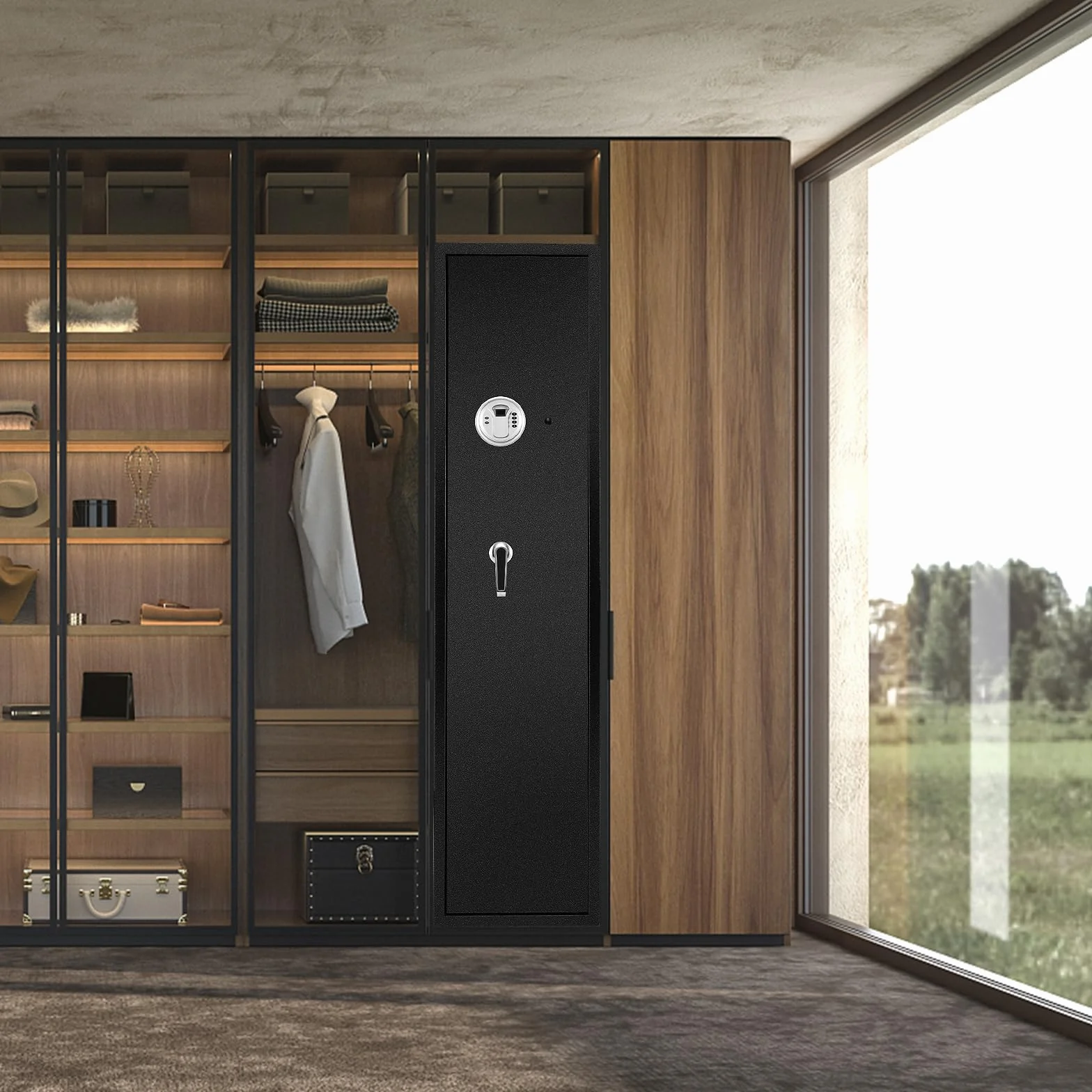 COSTWAY Armoire à 5 Fusils avec Clavier Numérique, Coffre-fort Biométrique avec Pochettes à Pistolet, Boîte Verrouillable Mode Silencieux, pour Fusils et Carabines à la Maison