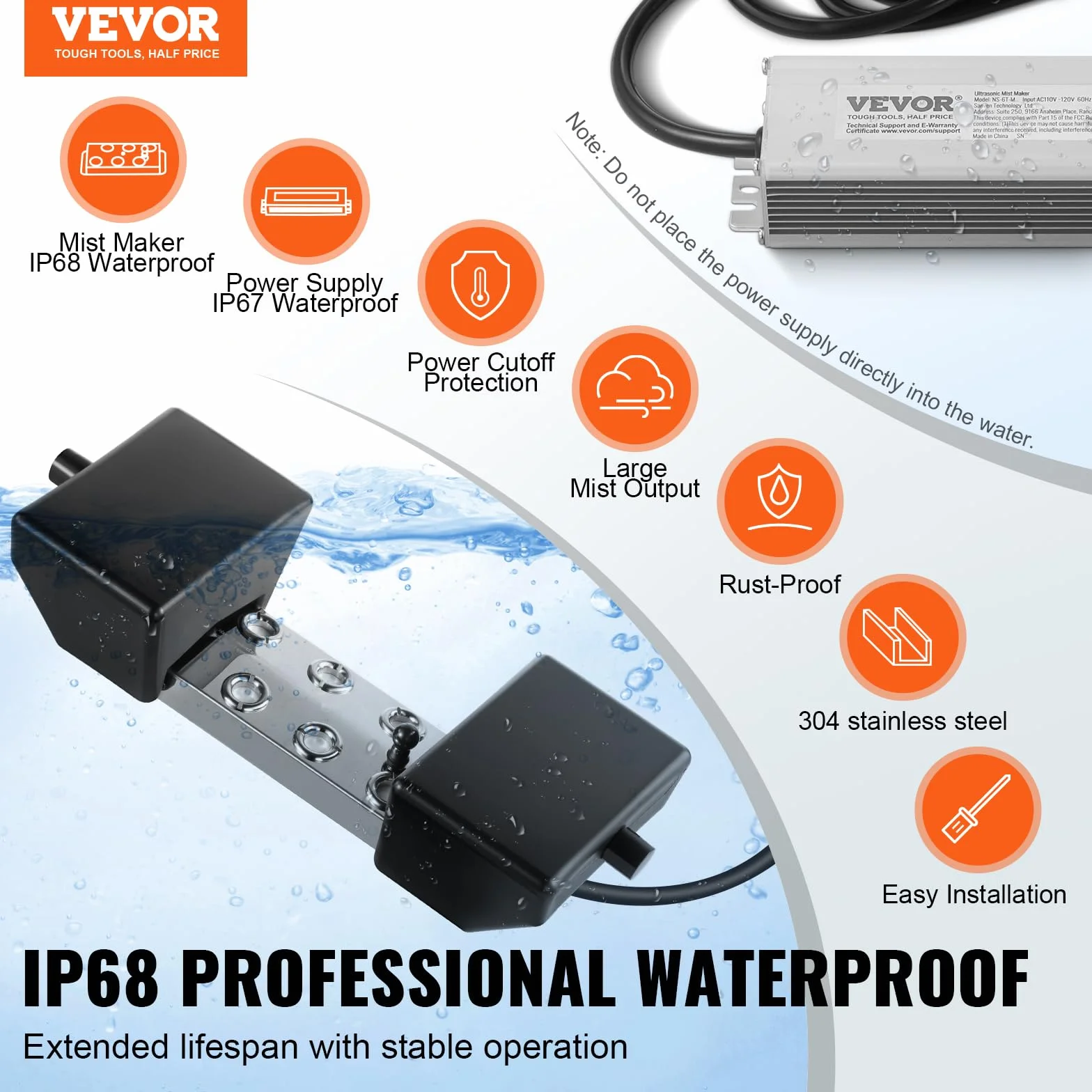 VEVOR Brumisateur à ultrasons 6 têtes 4500 ML/h IP67 165 W avec bouée disques de Rechange