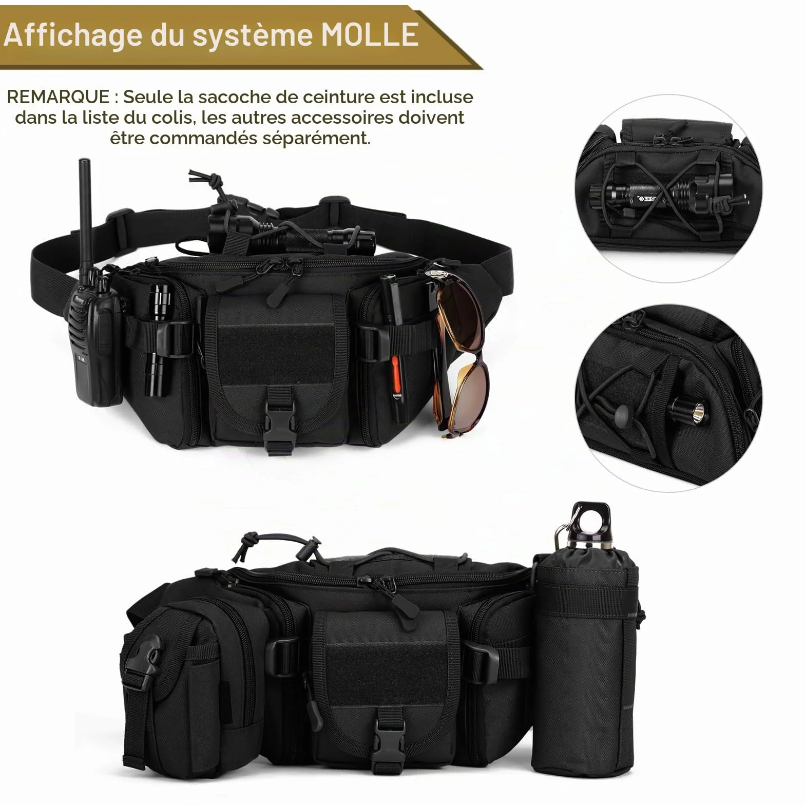 Huntvp Sac Banane Homme Femme Tactique Sacoche Banane Militaire avec Porte Bouteille Sac de Ceinture Bandoulière Multifonctionnel pour Randonnée, Voyage, Camping, Gym, Cyclisme