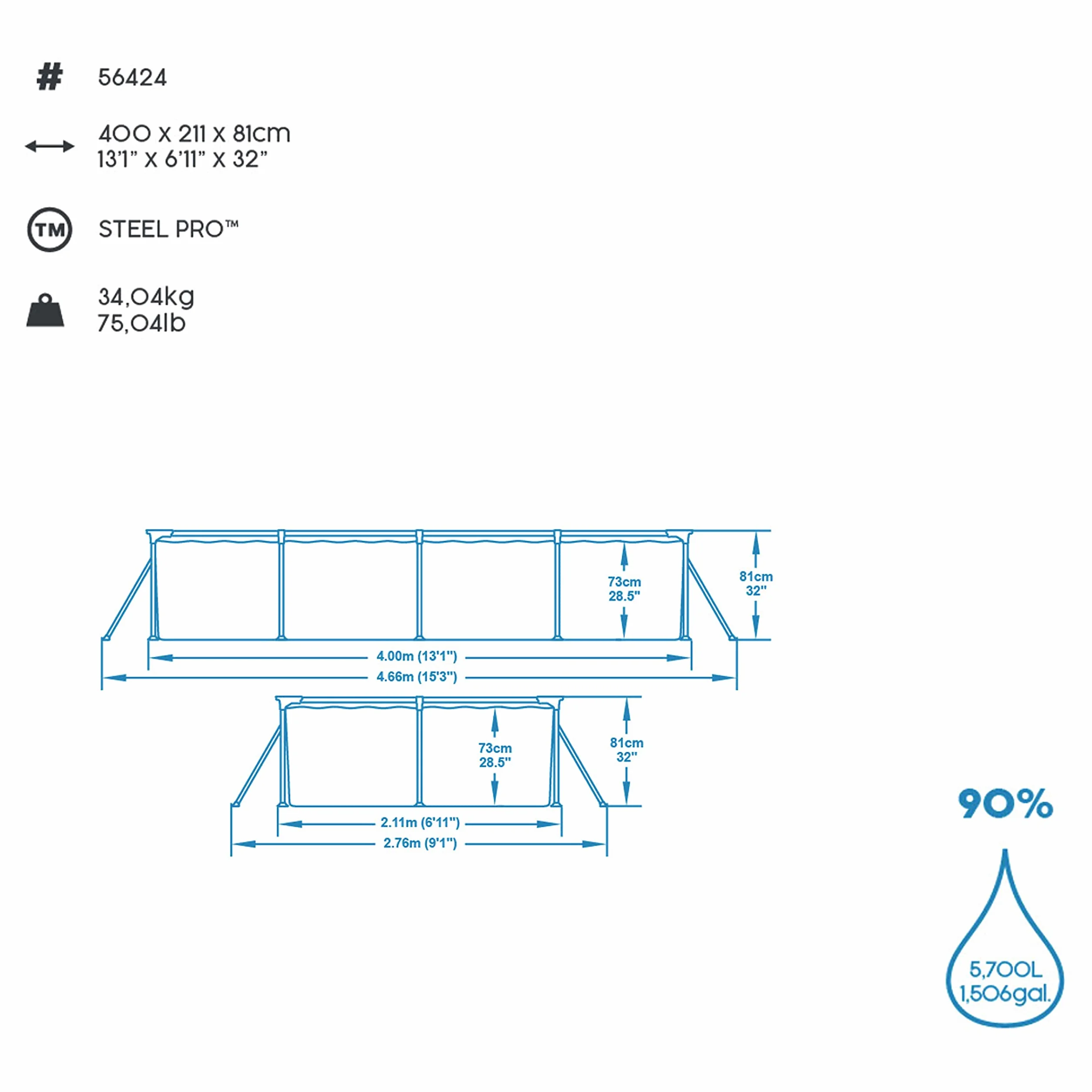 Bestway Steel Pro Piscine rectangulaire enfant cadre acier pompe filtrante 400 x 211 x 81 cm Bleu
