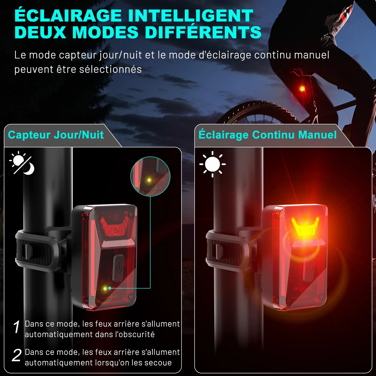 TECHCYC Lumière Vélo avec Capteur de Lumière, Éclairage Vélo Faisceau d'Inondation, 5+2 Modes de Luminosité Lampe Vélo LED Avant et Arrière, Rechargeable par USB, Étanche IPX6, Approuvé StVZO