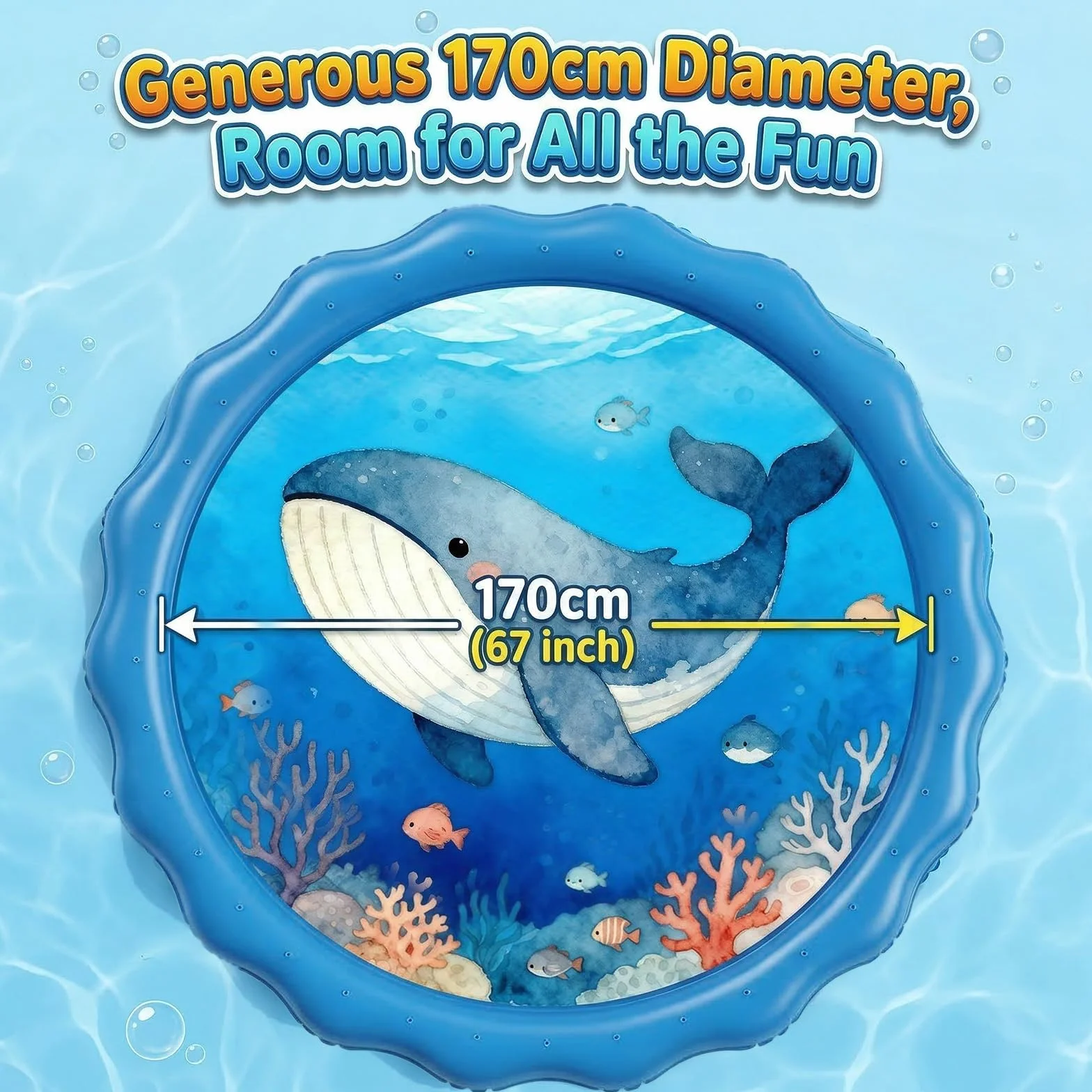 Tapis Jet d'Eau 170cm avec 3 Hauteurs Réglables - Splash Pad Baleine et Vie Marine PVC 0.25mm pour Enfants et Chiens